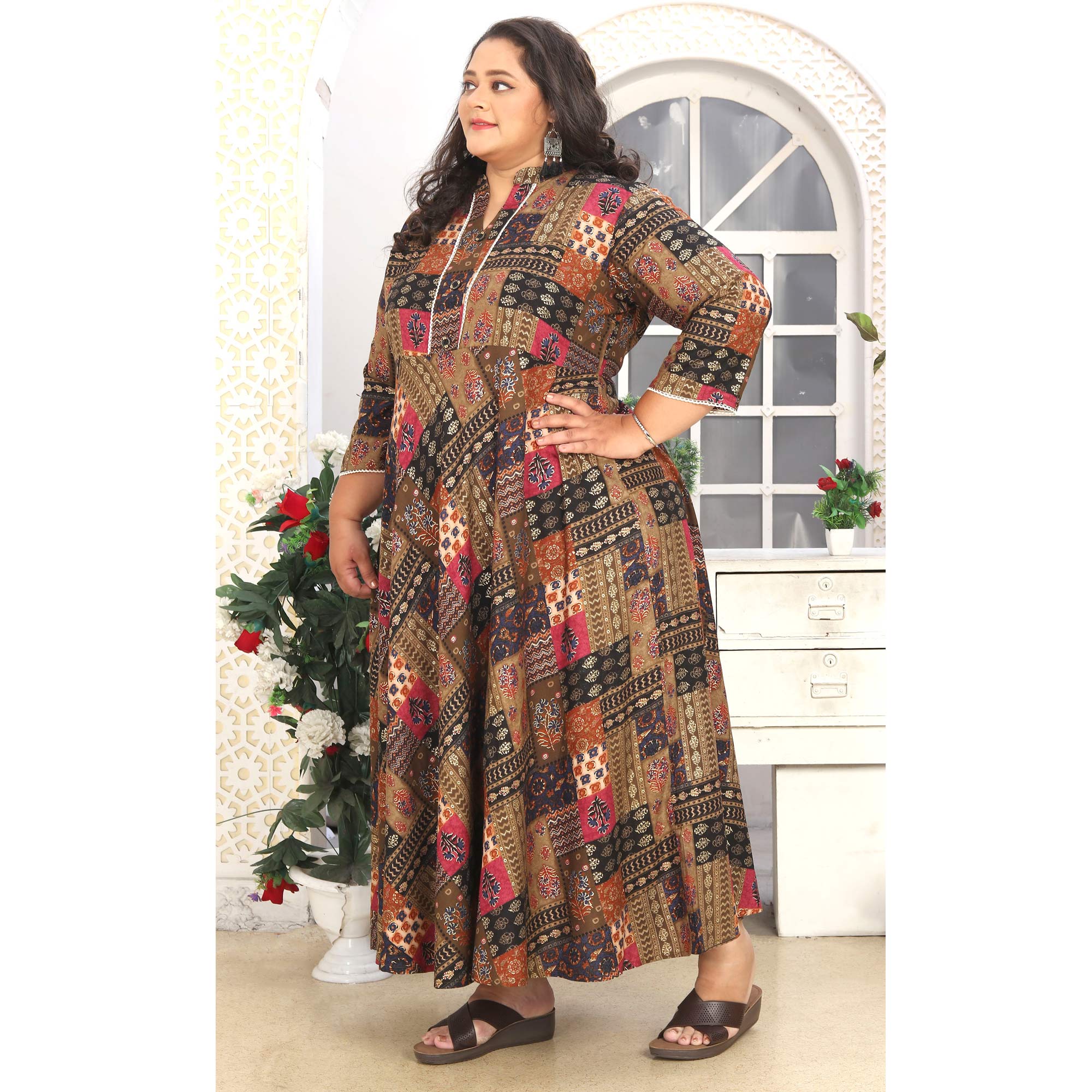 Brown Floral Printed Rayon Long Kurti