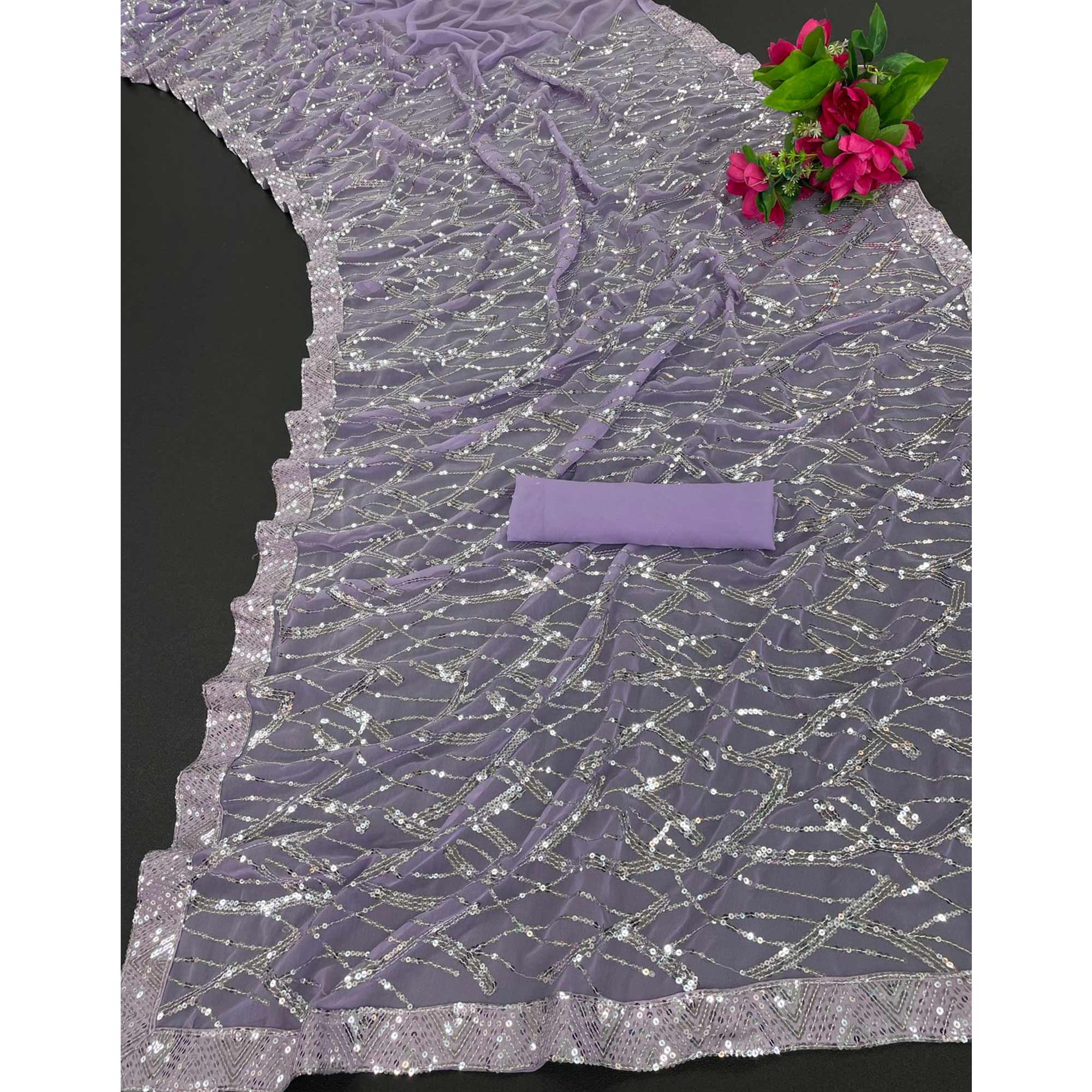 Light Purple Sequins Embroidered Georgette Saree