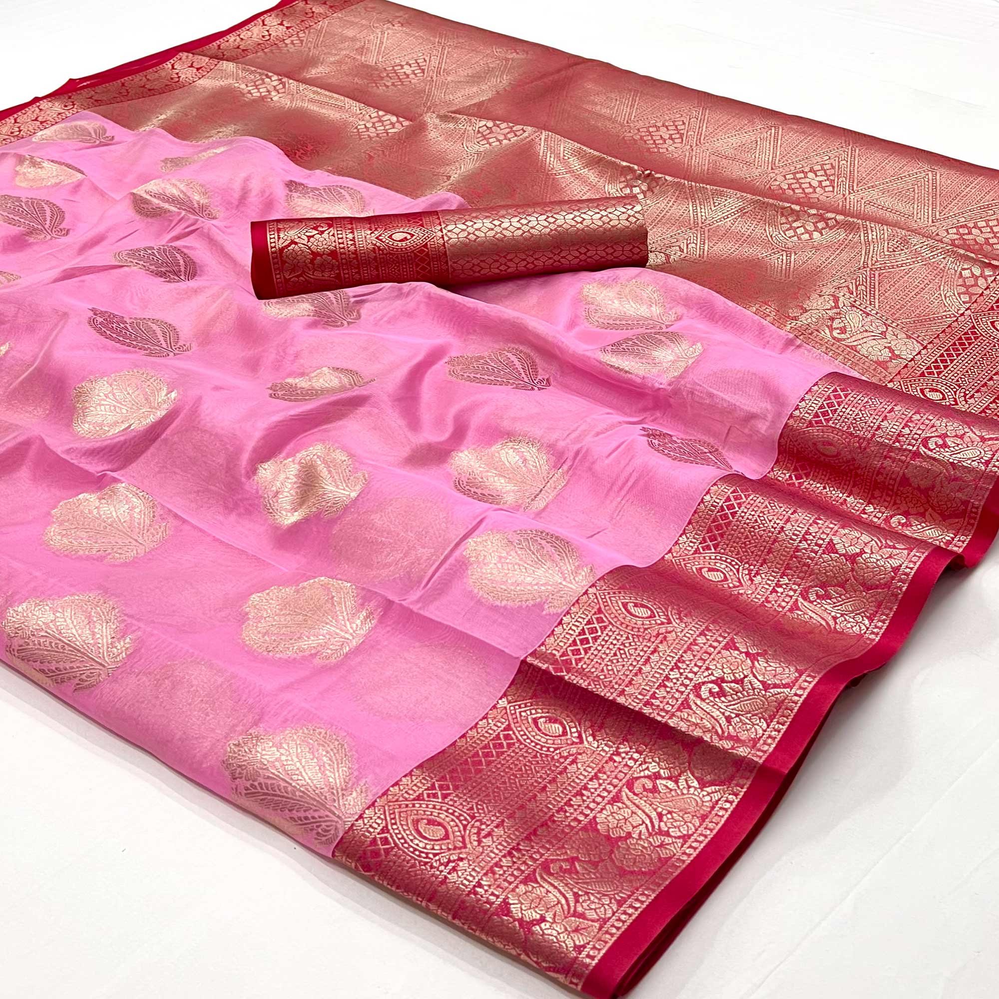 Pink Floral Woven Organza Saree