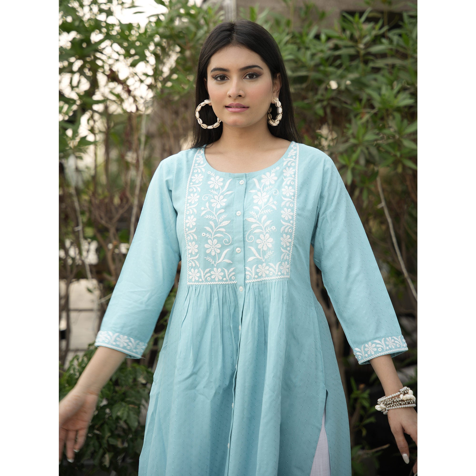 Blue Floral Embroidered Rayon Kurti