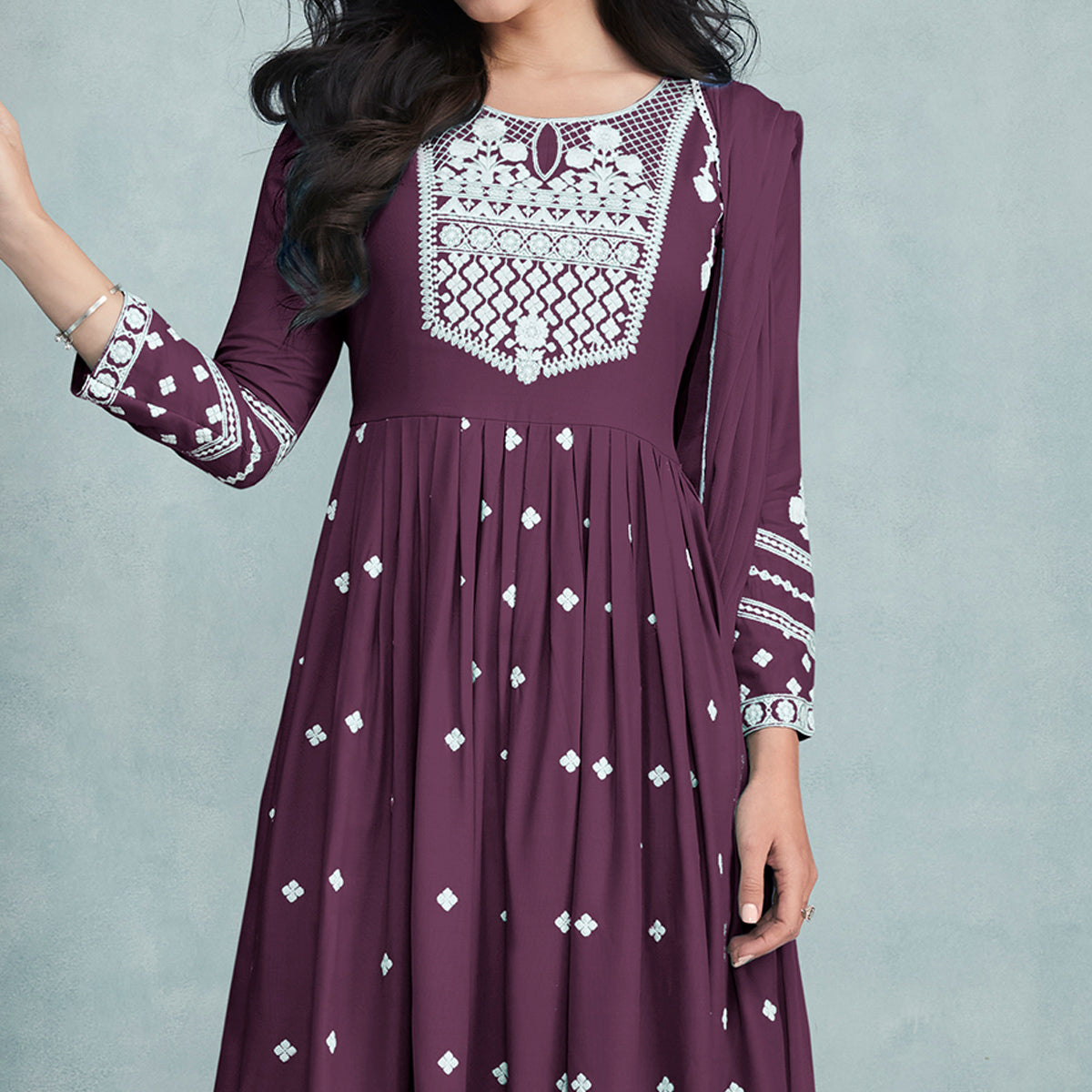 Wine Lucknowi Work Rayon Naira Cut Suit