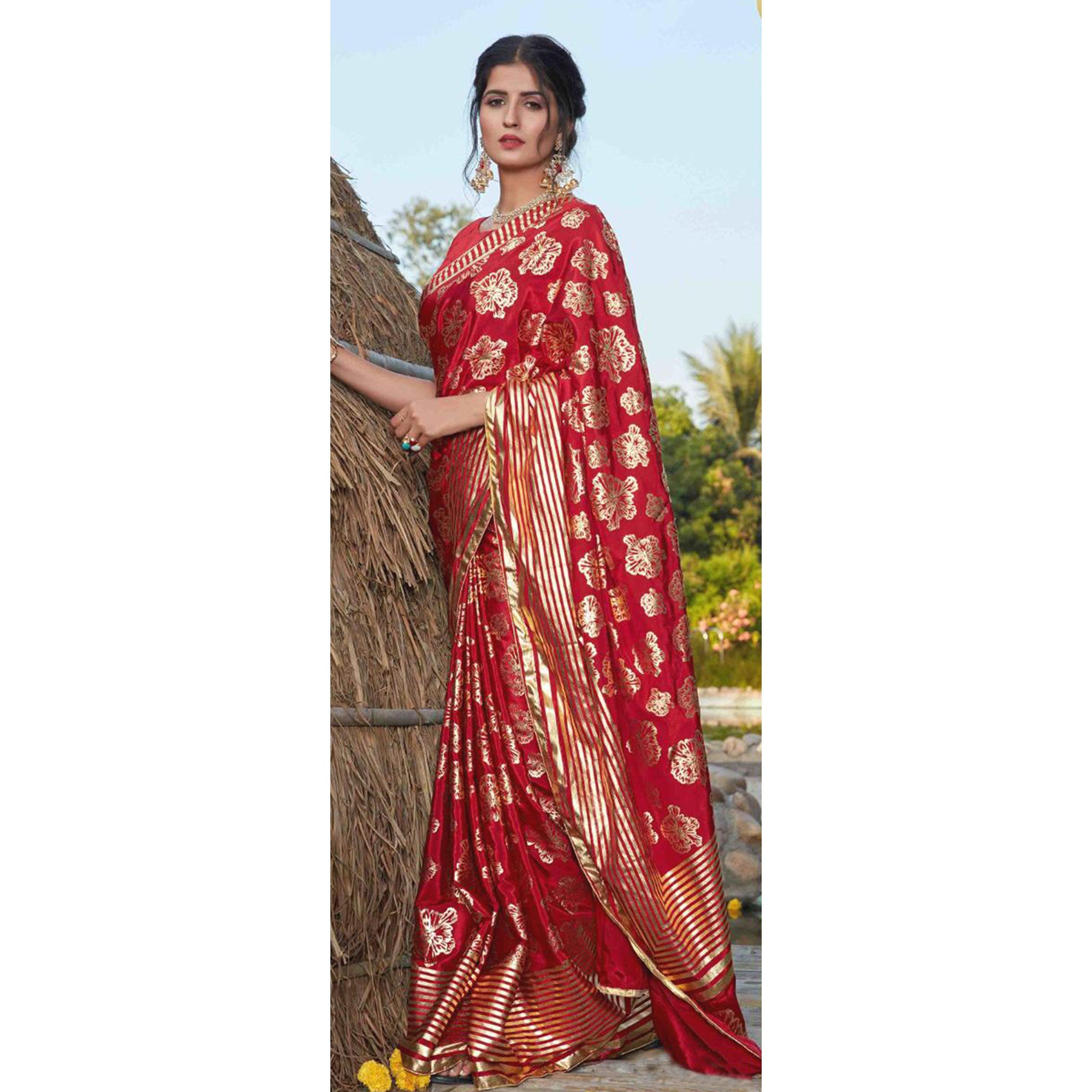 Red Foil Printed Art Silk Saree