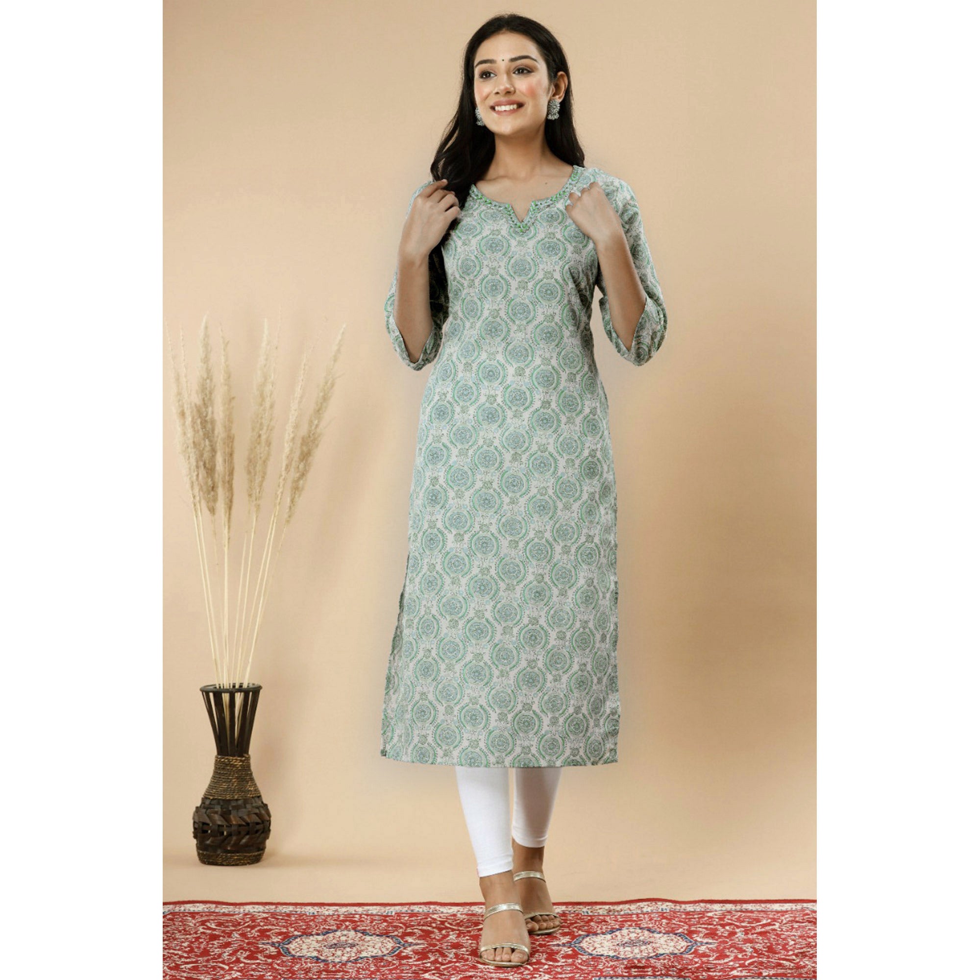 Green Floral Printed Pure Cotton Kurti