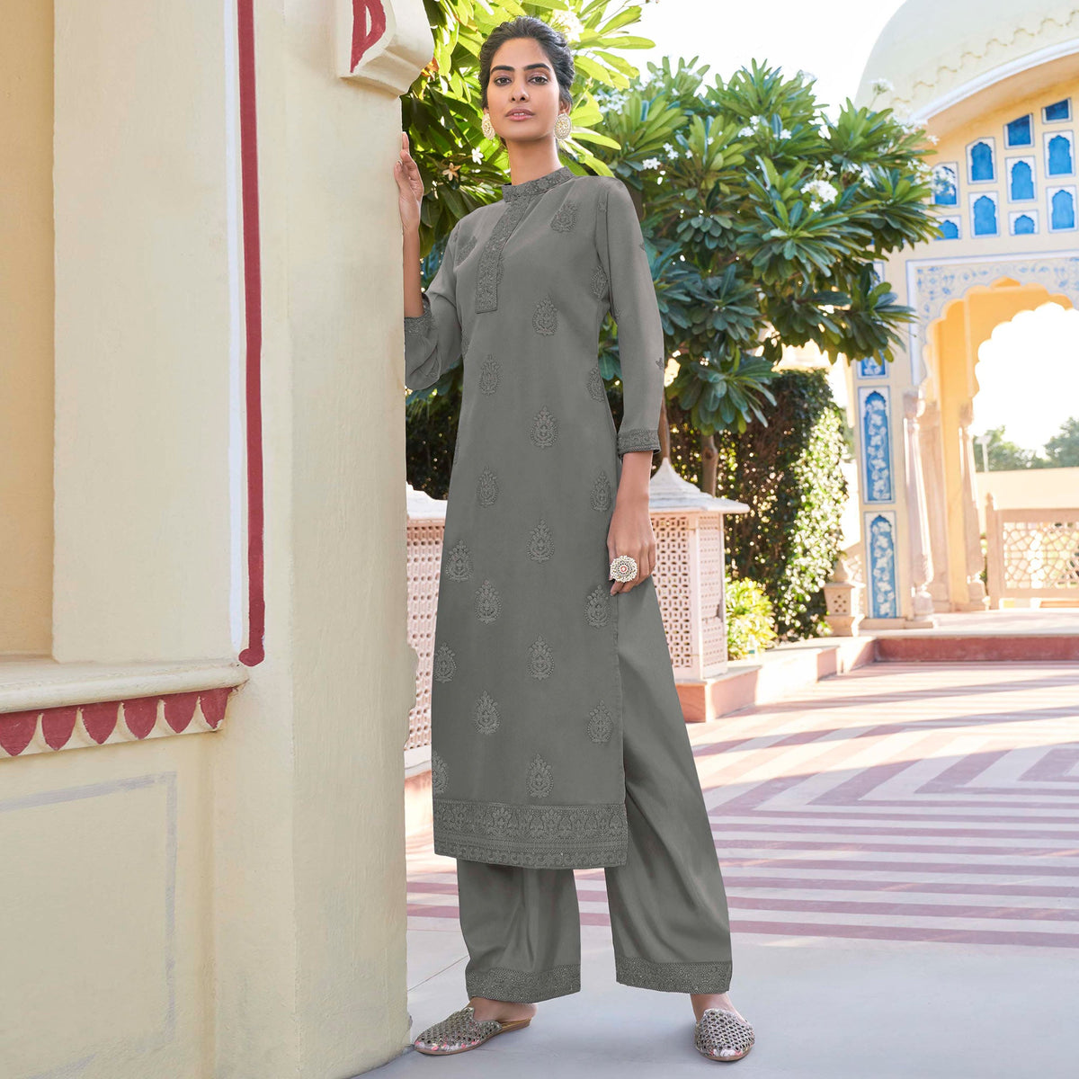 Grey Lucknowi Embroidered Georgette Kurti Palazzo Set - Image 1