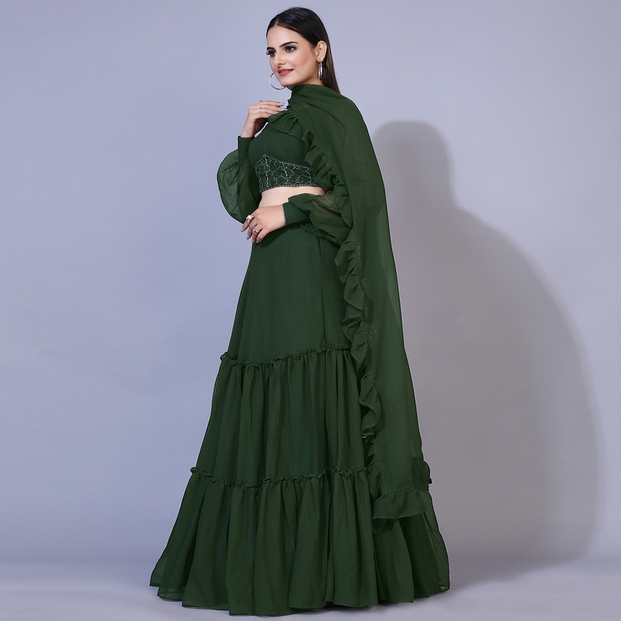 Green Solid With Handwork Georgette Lehenga Choli - Image 2