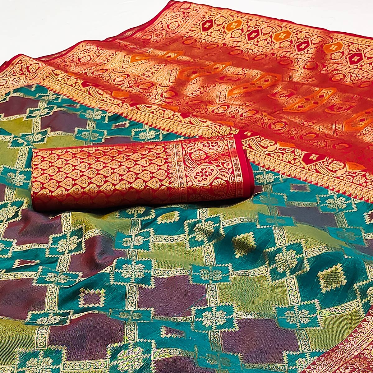 Multicolor Red Woven Cotton Silk Saree