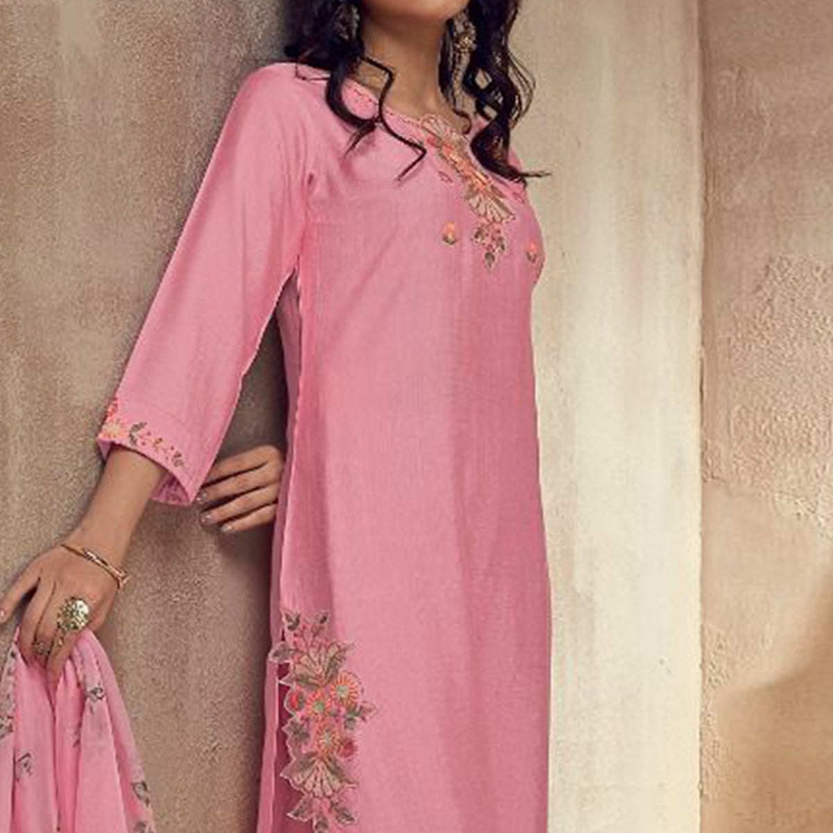 Pink Floral Embroidered Viscose Suit