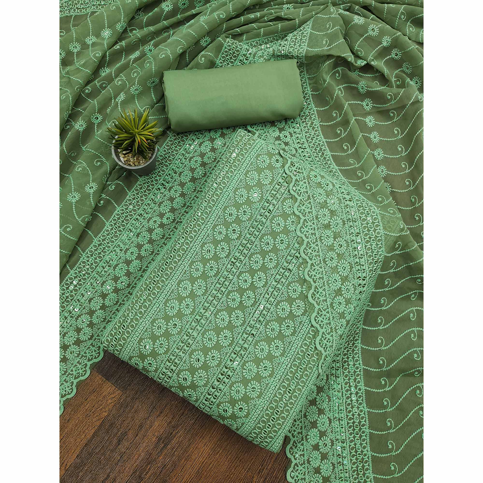 Green Embroidered Georgette Lucknowi Suit