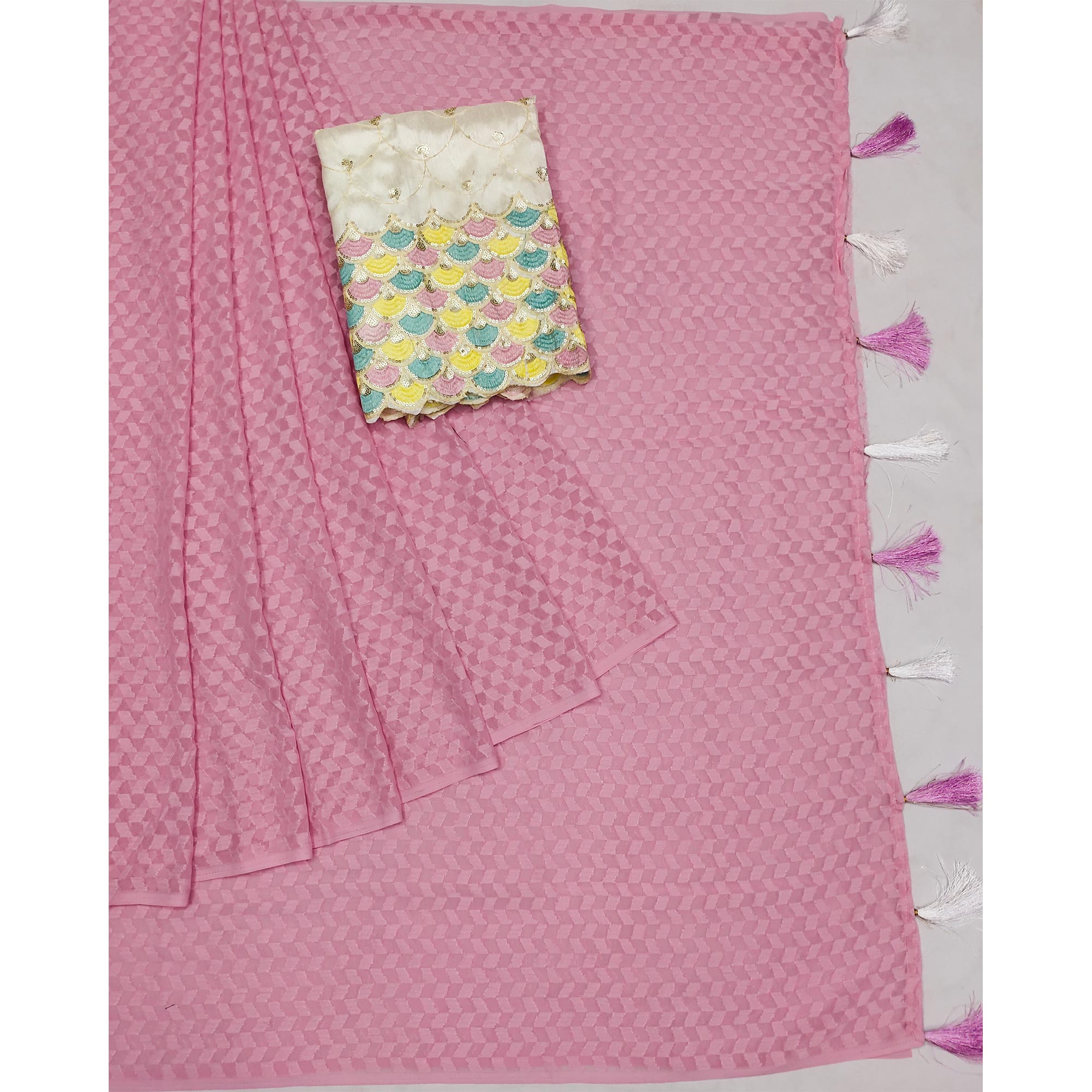 Pink Woven Jacquard Saree With Tassels