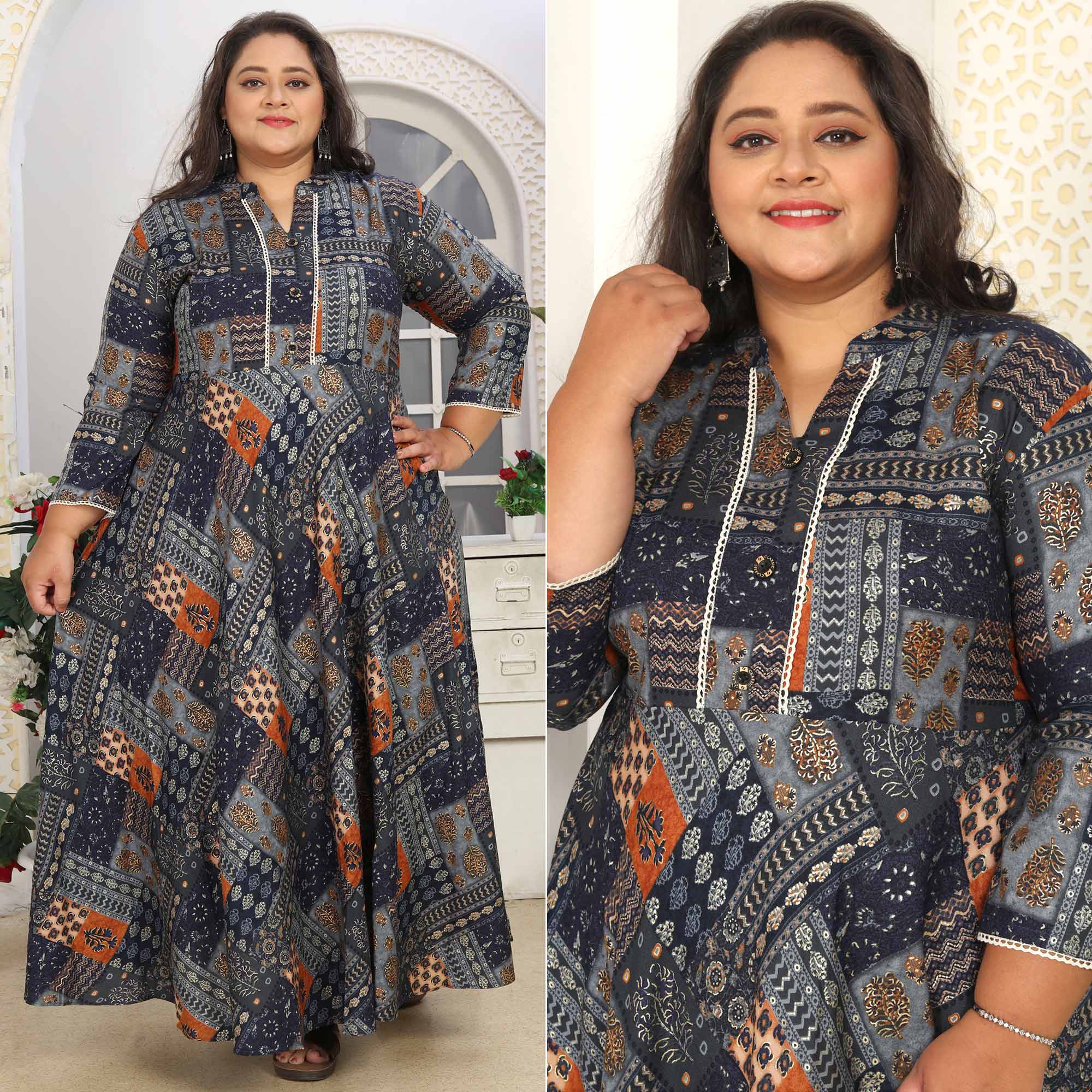 Blue Floral Printed Rayon Long Kurti