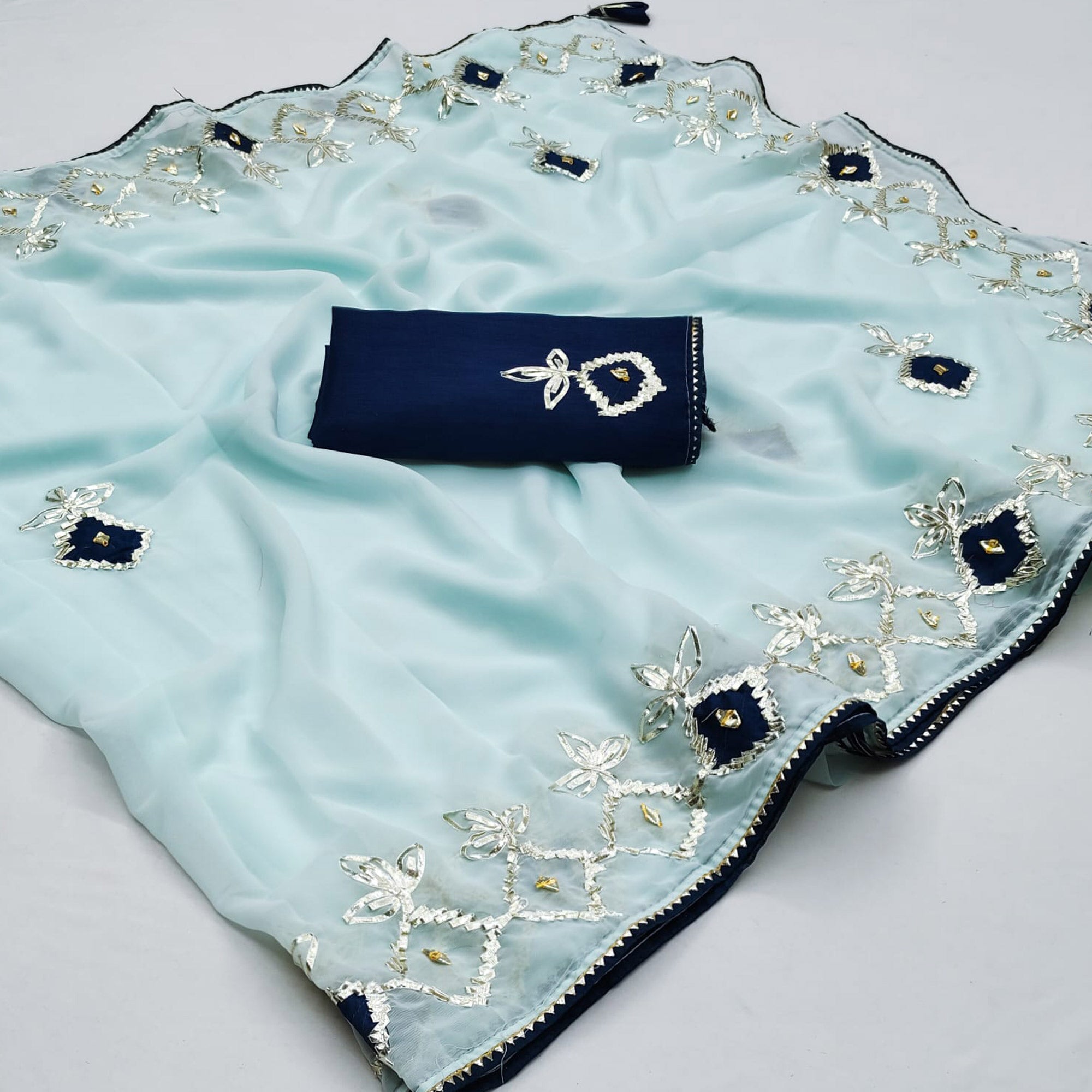 Blue Gota With Patch Work Chiffon Saree