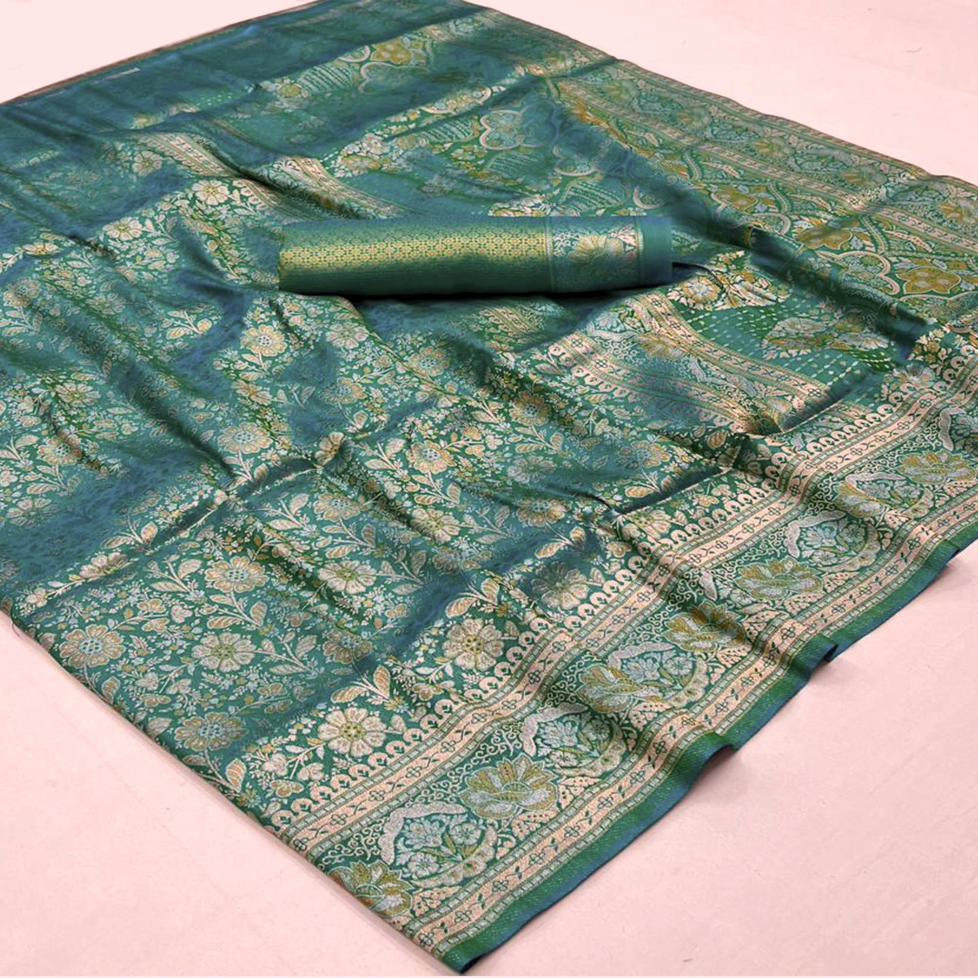 Turquoise Floral Woven Art Silk Saree