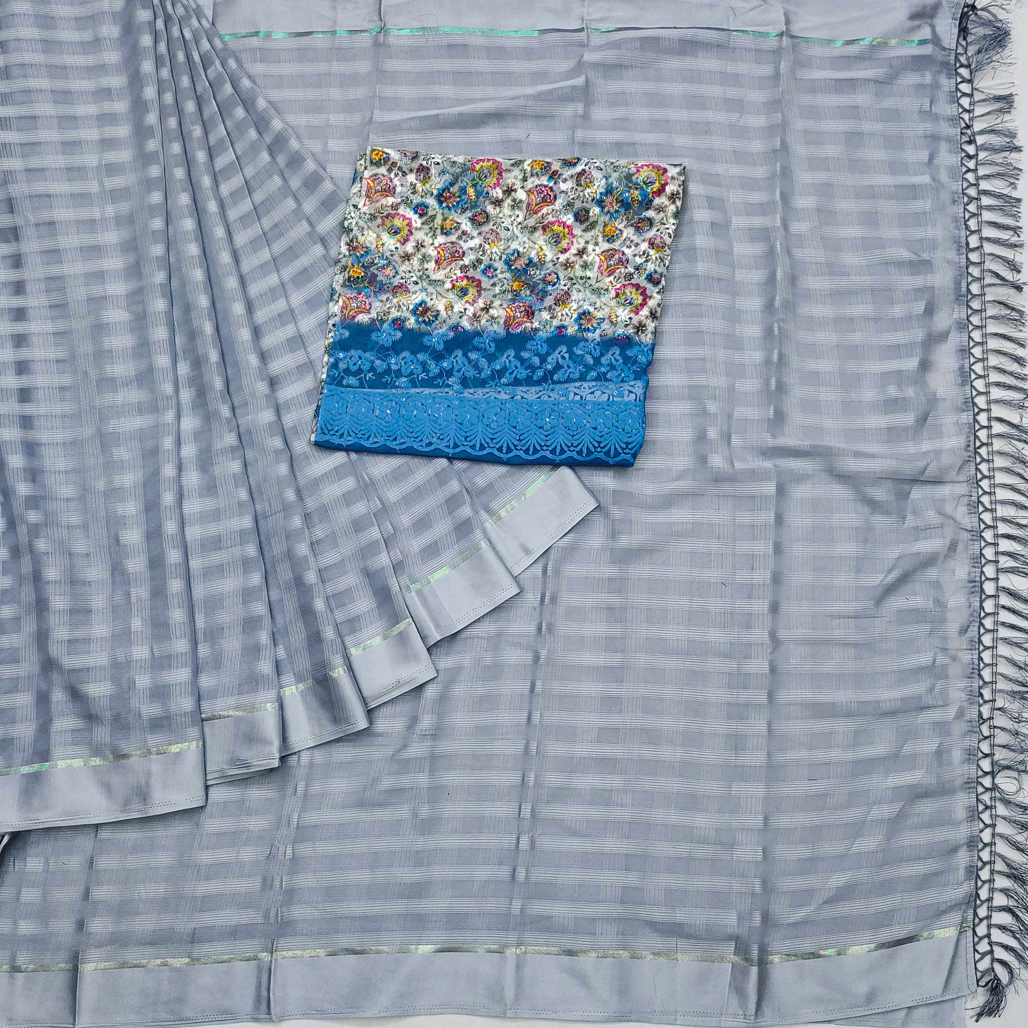 Grey Checks Pattern Satin Saree