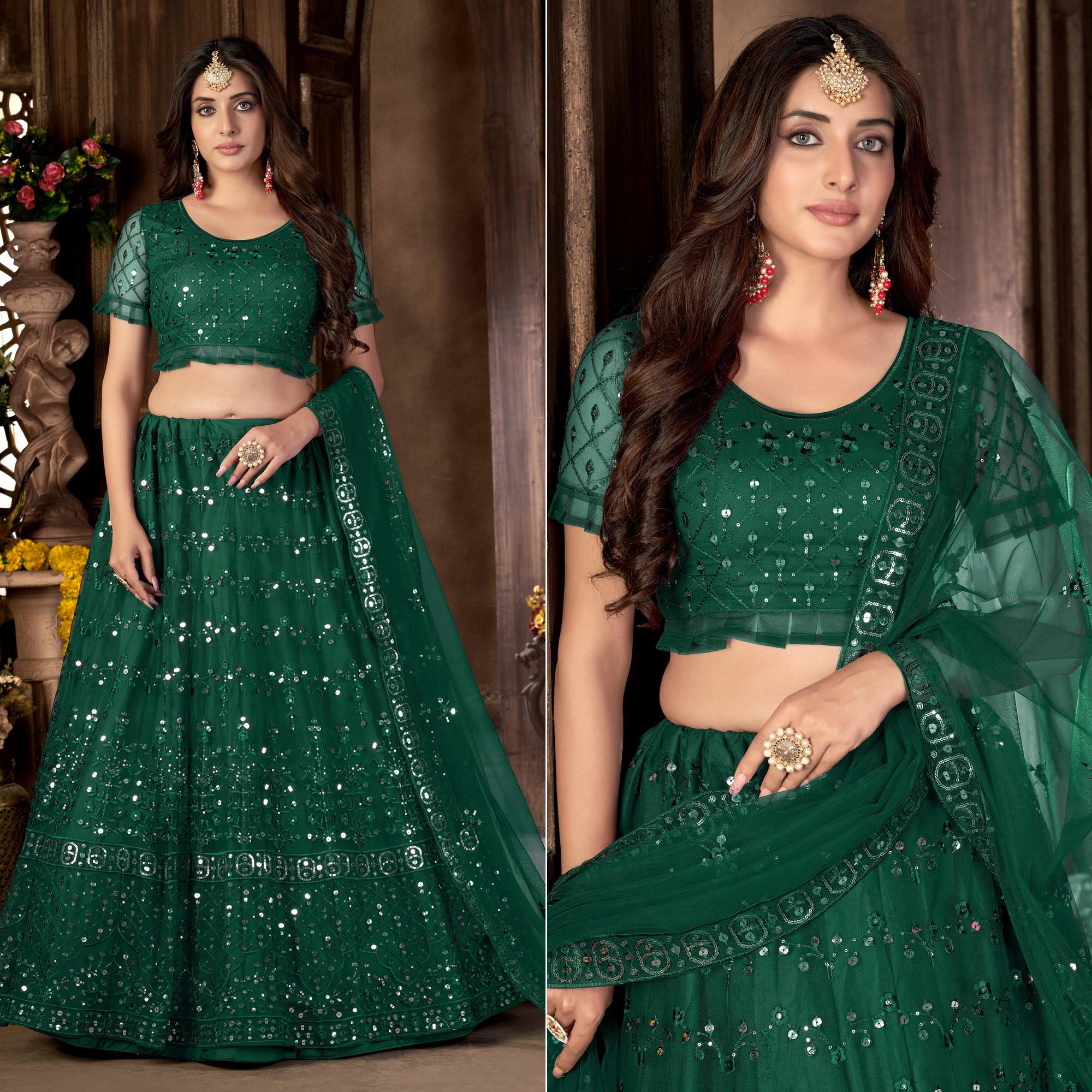 Green Sequins Embroidered Netted Lehenga Choli - Image 3