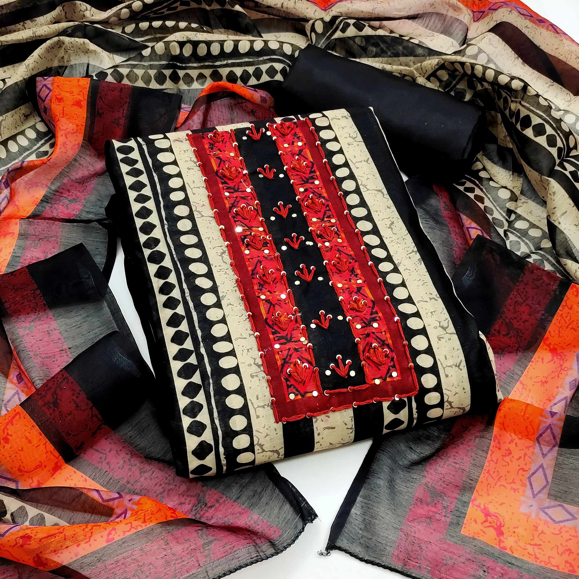 Black Printed Chanderi Dress Material