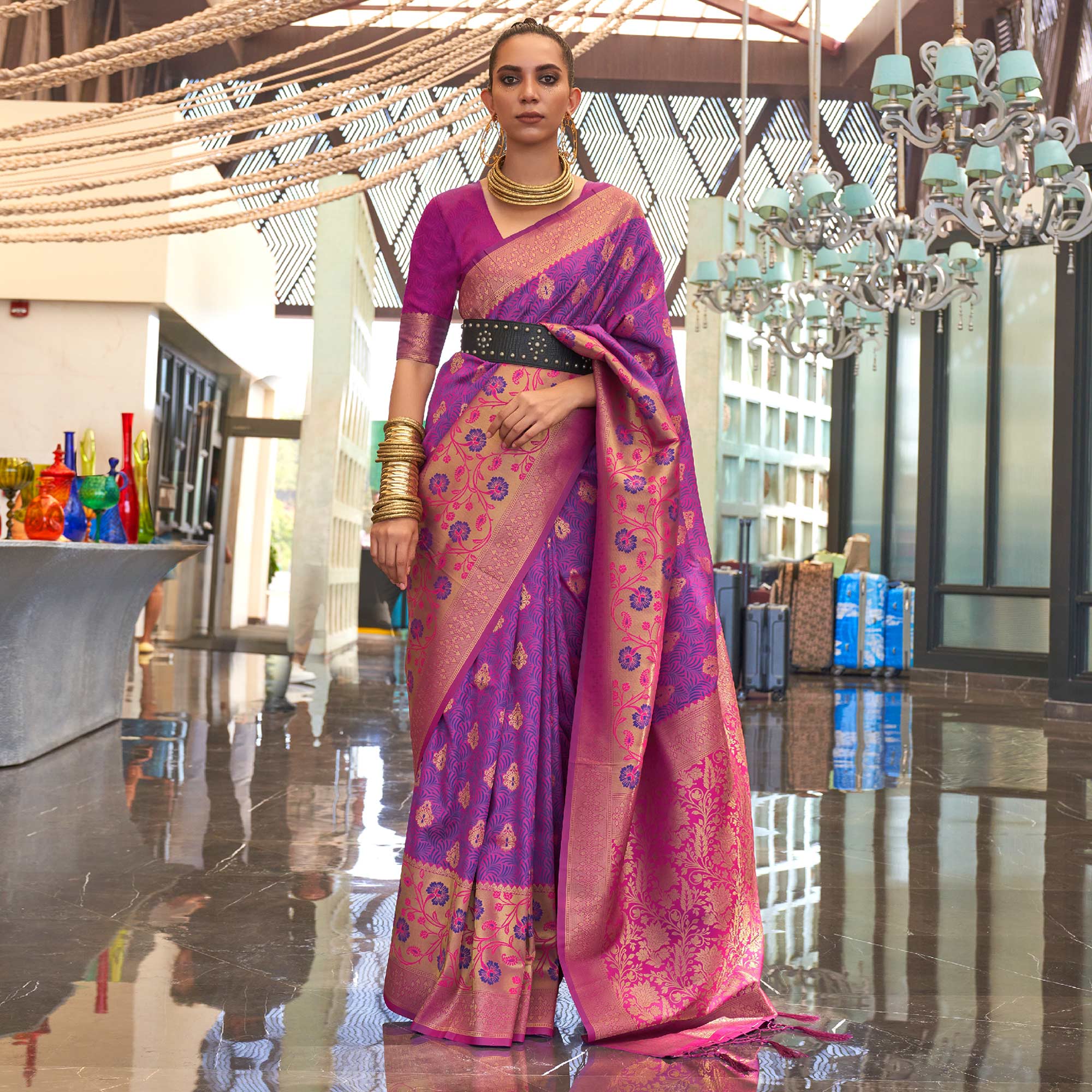 Violet Floral Woven Art Silk Saree With Tassels