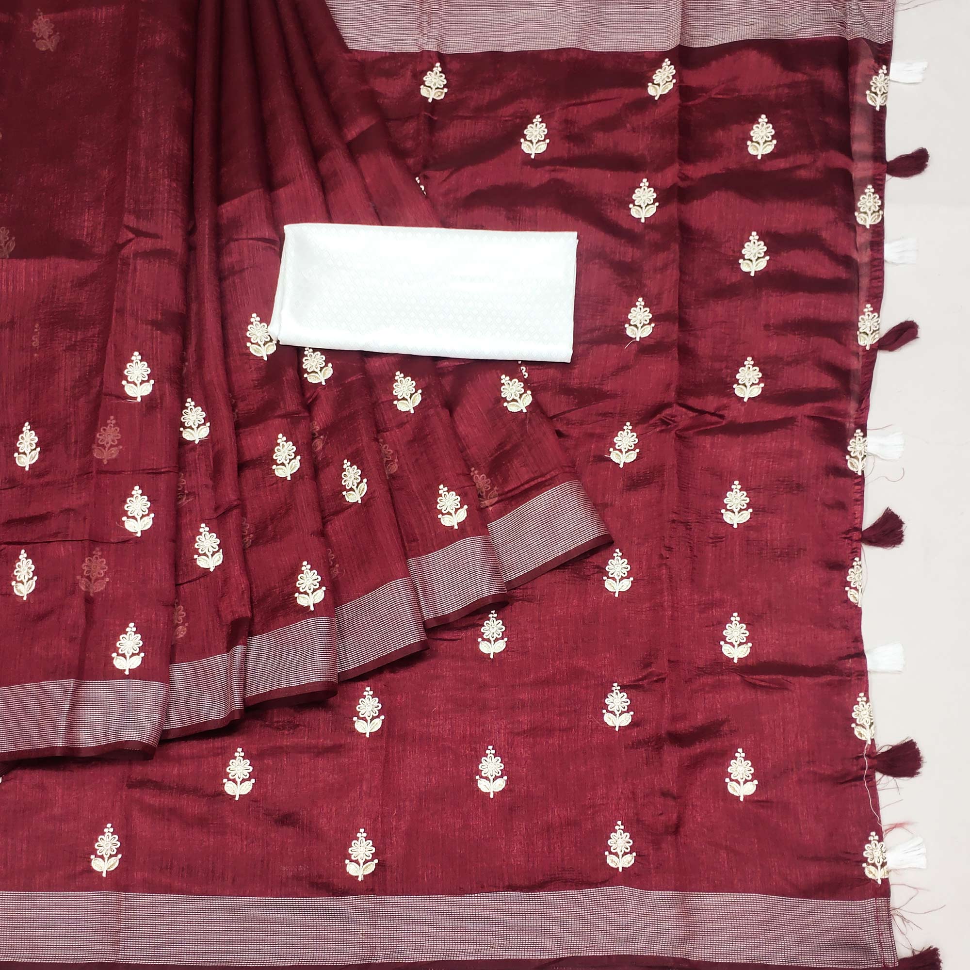 Maroon Floral Embroidered Cotton Blend Saree