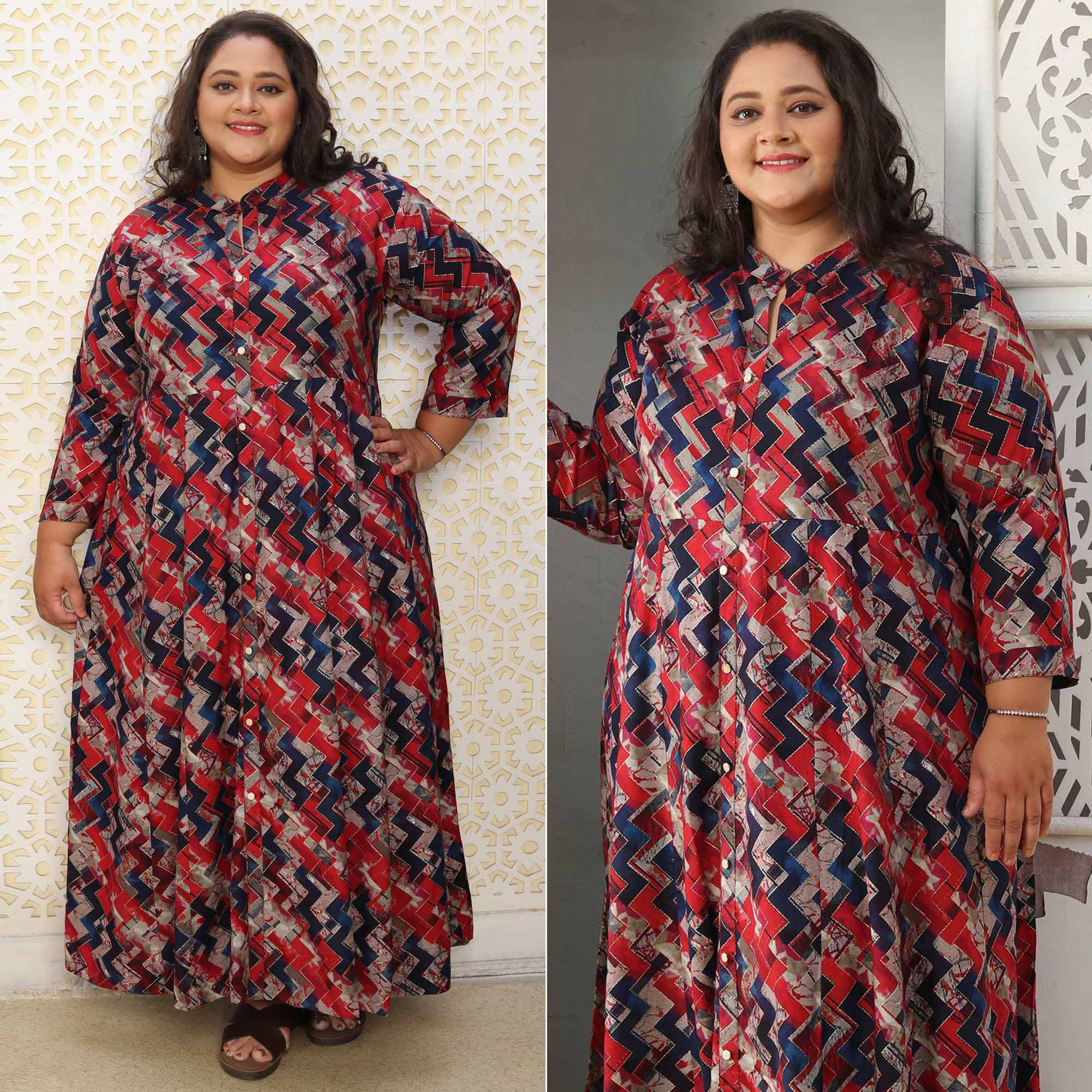 Red & Blue Geometric Strip Printed Rayon Long Kurti