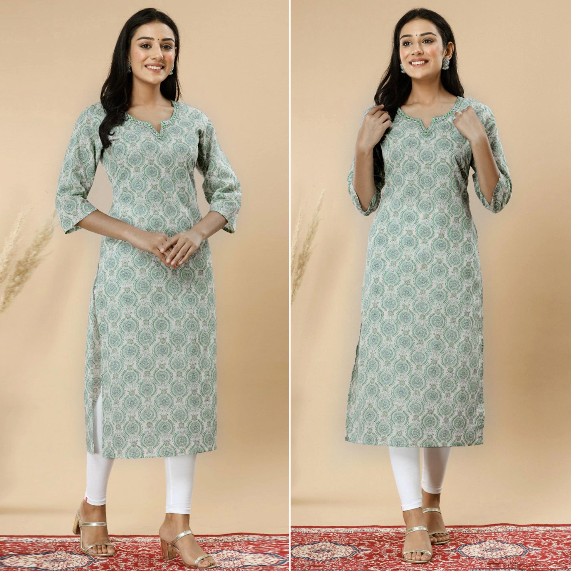 Green Floral Printed Pure Cotton Kurti