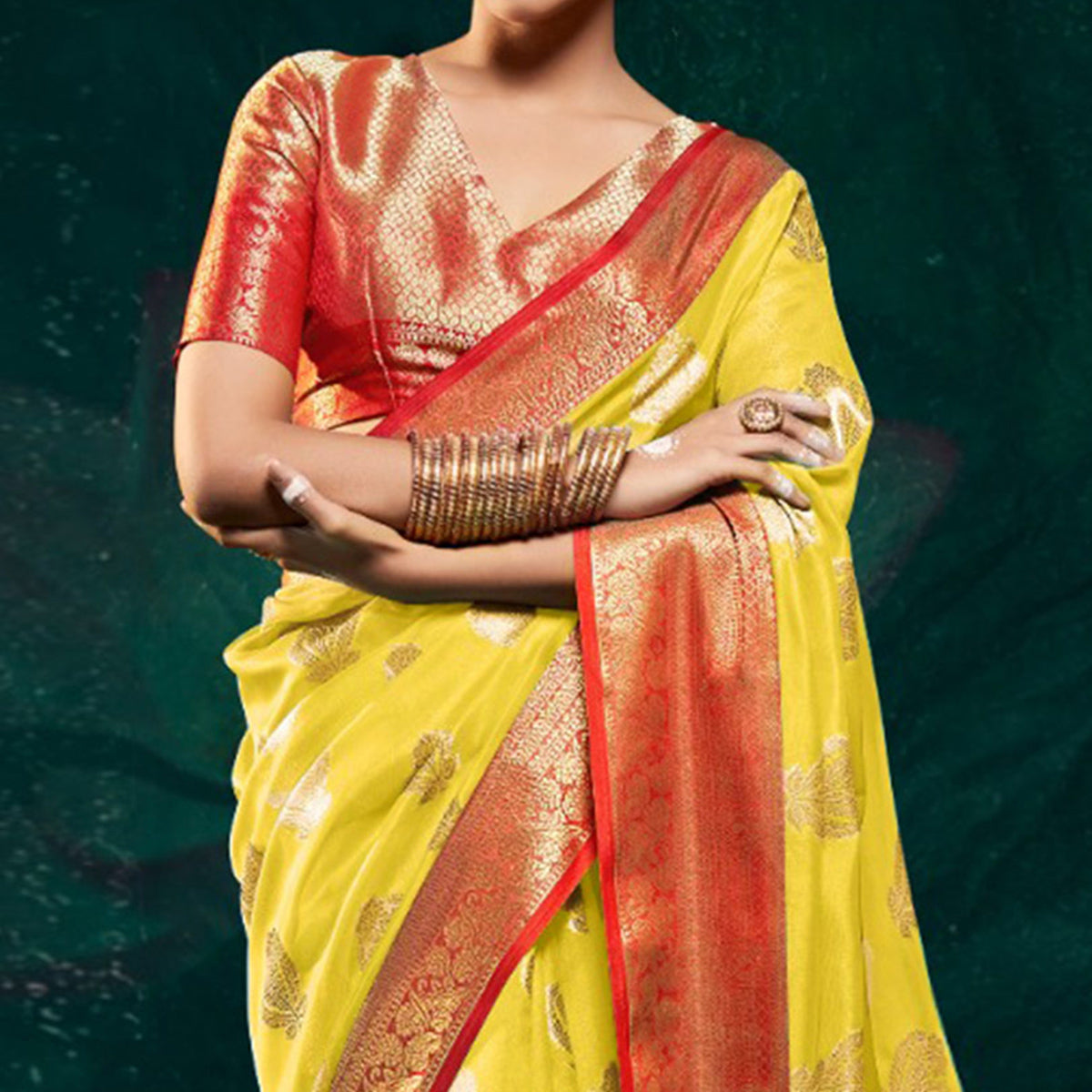 Yellow Floral Woven Organza Saree