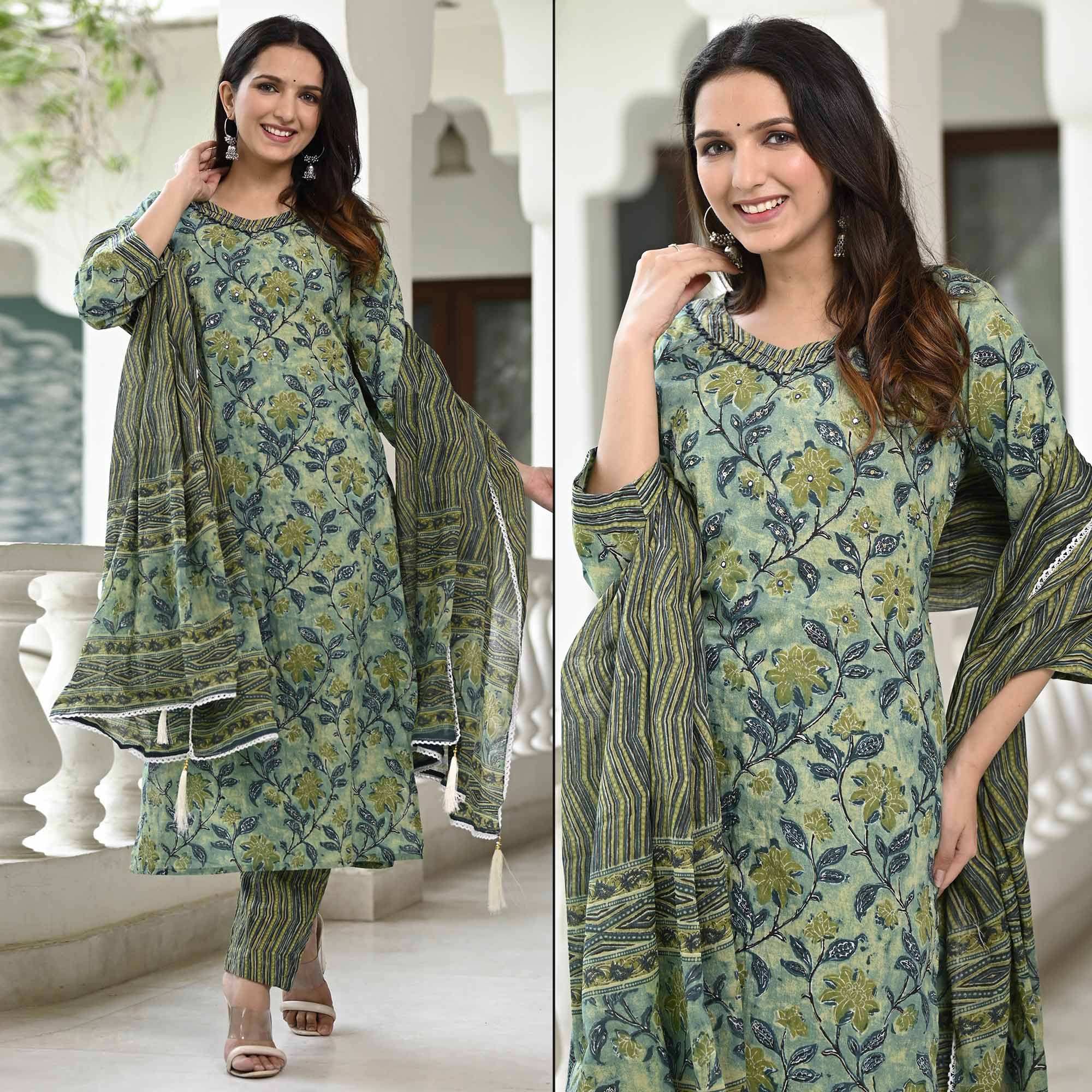 Green Floral Printed Pure Cotton Suit