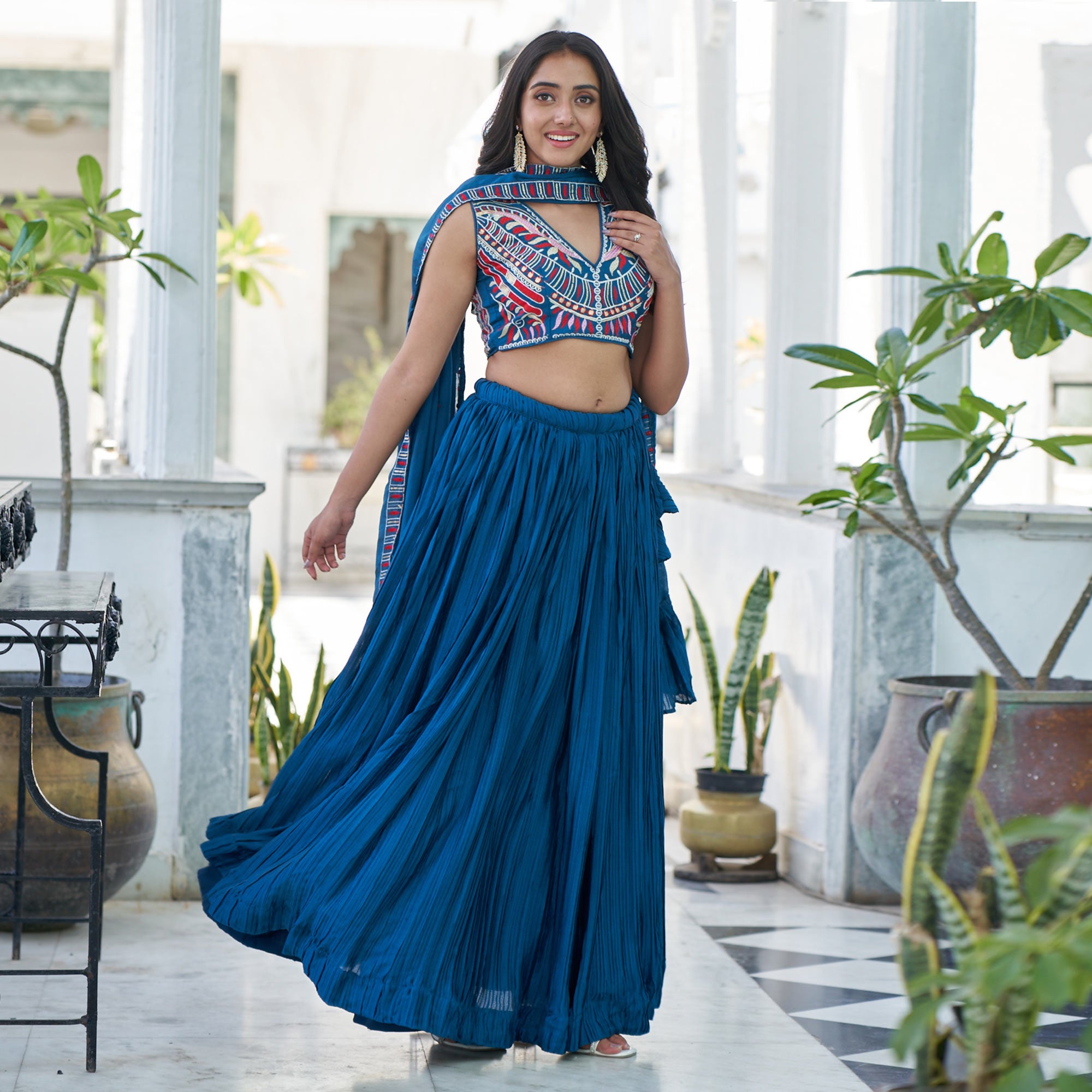Blue Sequins Embroidered Chiffon Plated Lehenga Choli