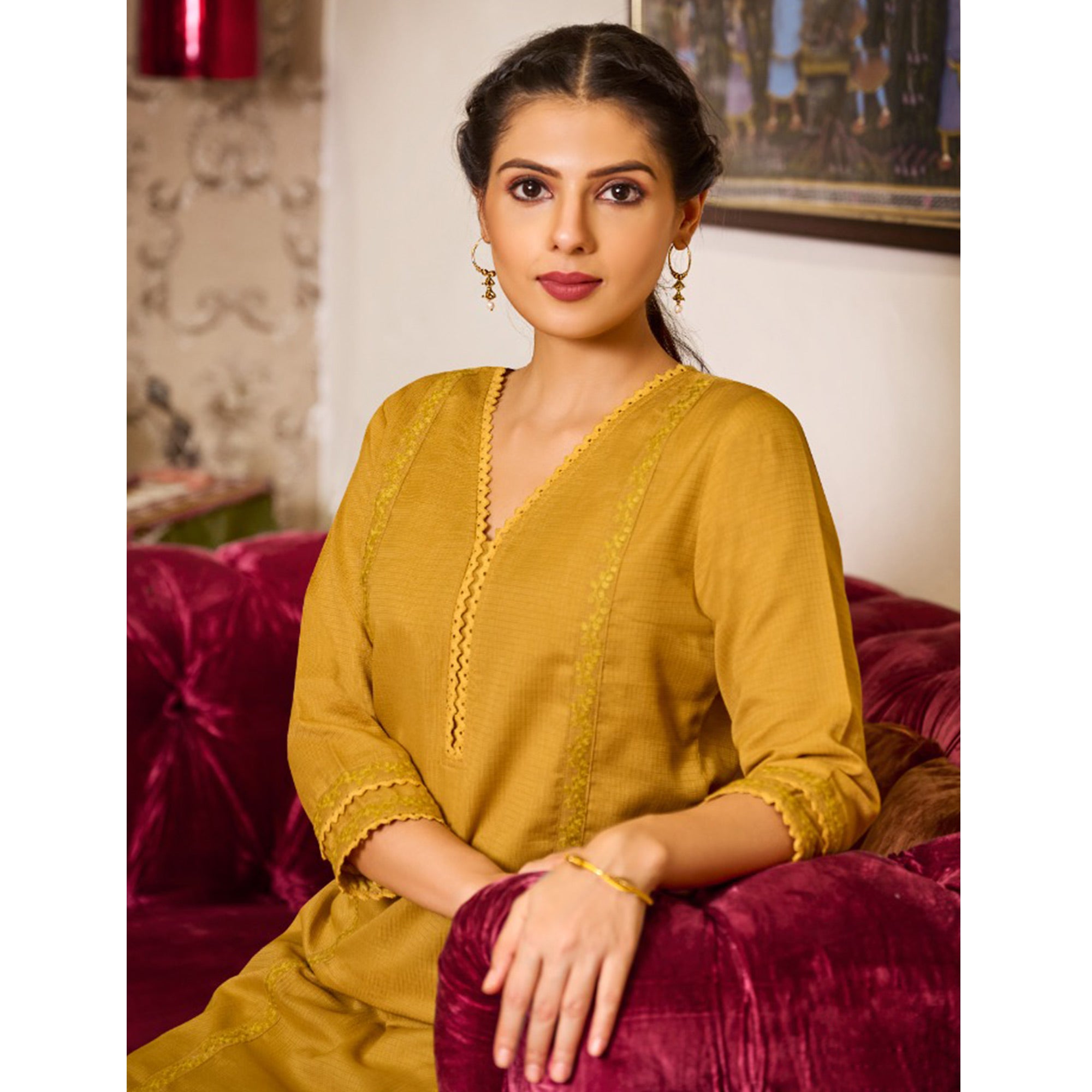 Mustard Embroidered Pure Cotton Kurti