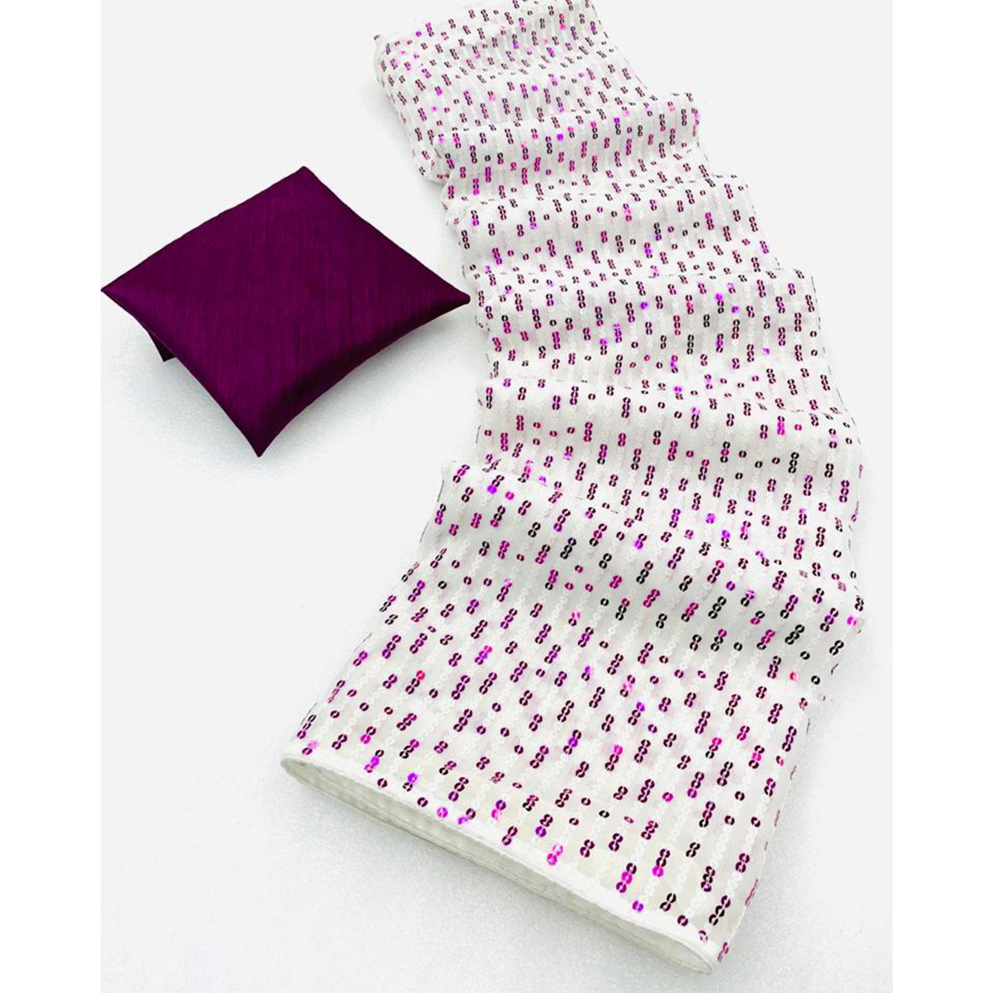 White & Wine Sequins Embroidered Georgette Saree