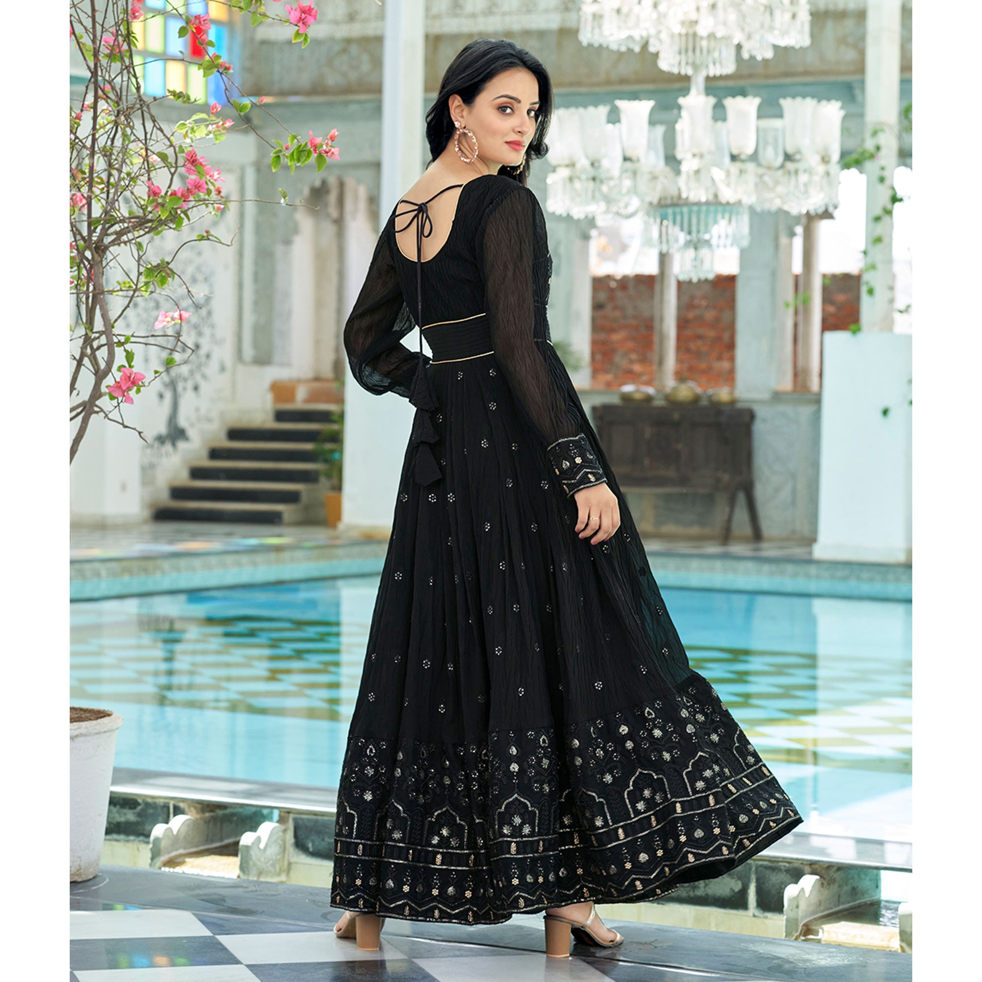 Black Sequins Embroidered Georgette Gown