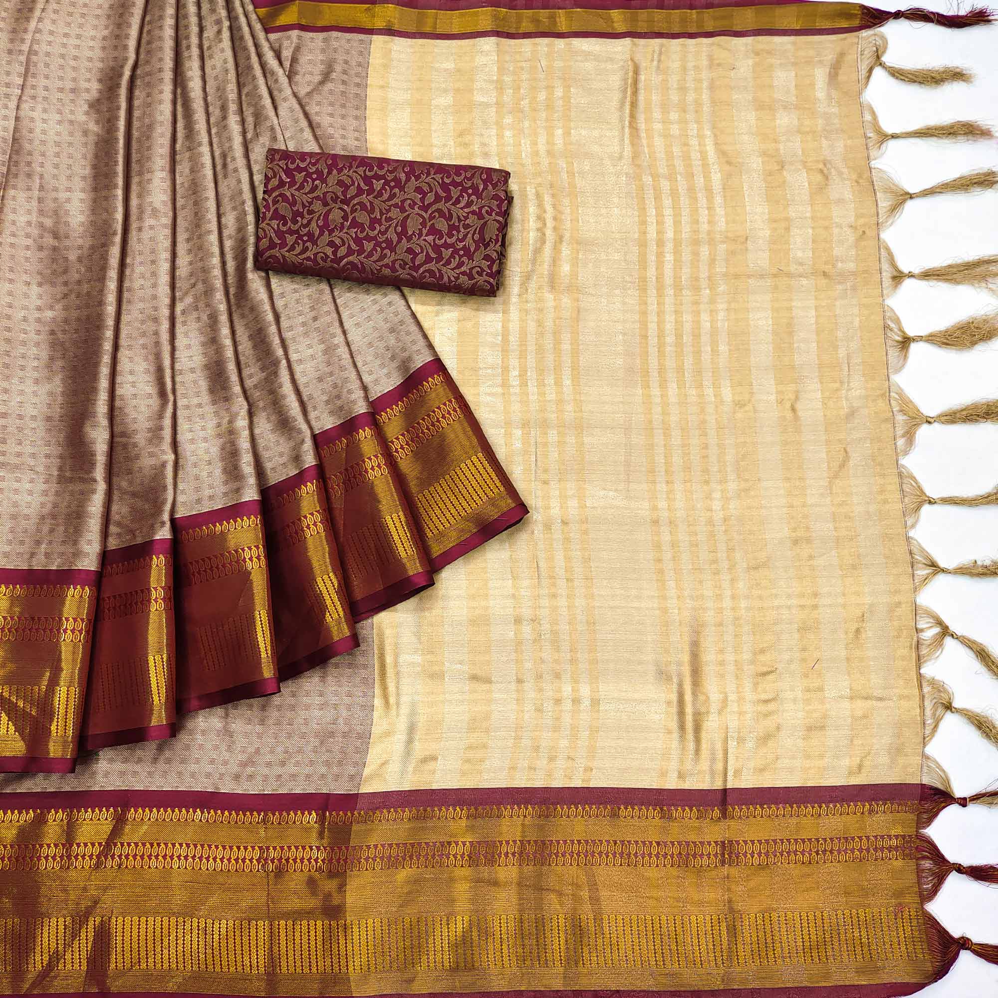 Brown Woven Cotton Silk Saree With Tassels