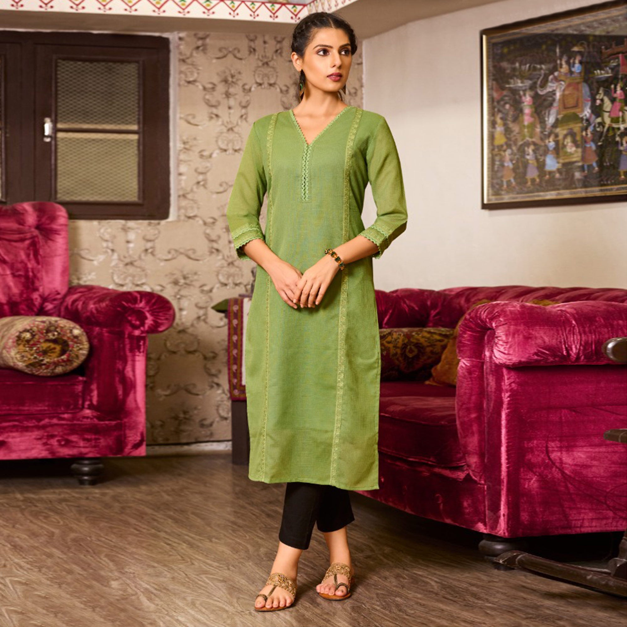Green Embroidered Pure Cotton Kurti