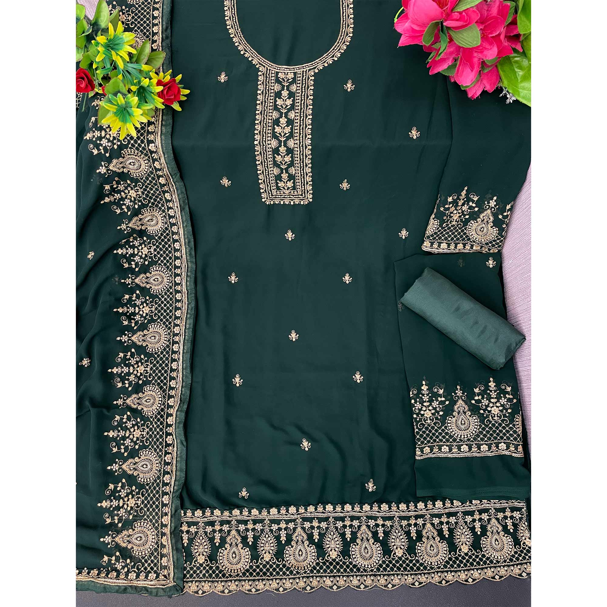 Green Floral Embroidered Georgette Sharara Suit - Image 3