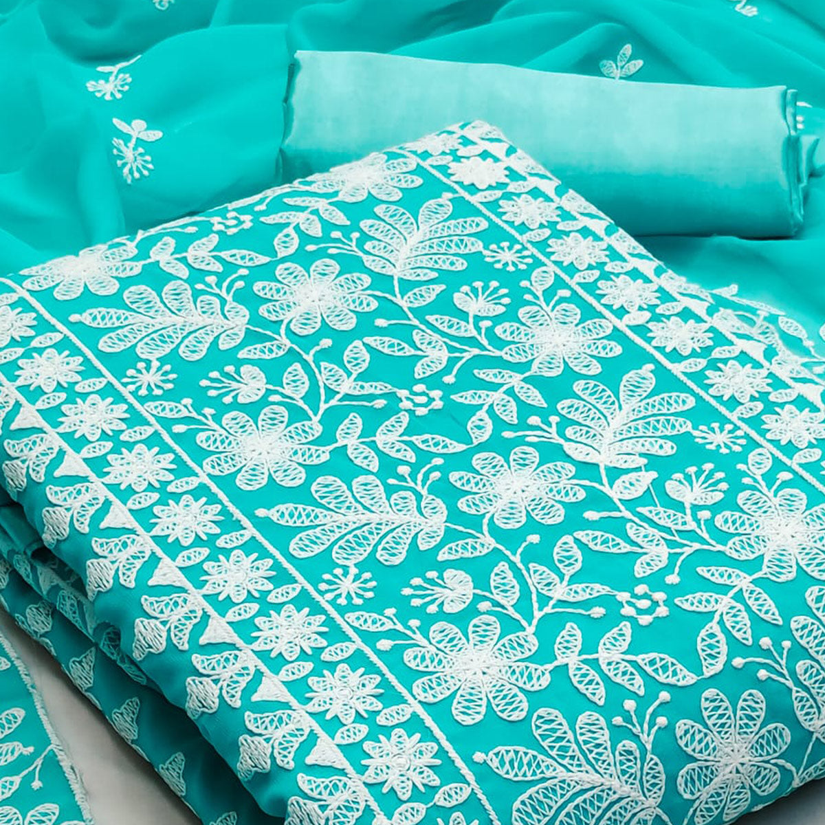 Turquoise Floral Embroidered Georgette Salwar Suit - Image 2