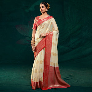 Off White Floral Woven Organza Saree