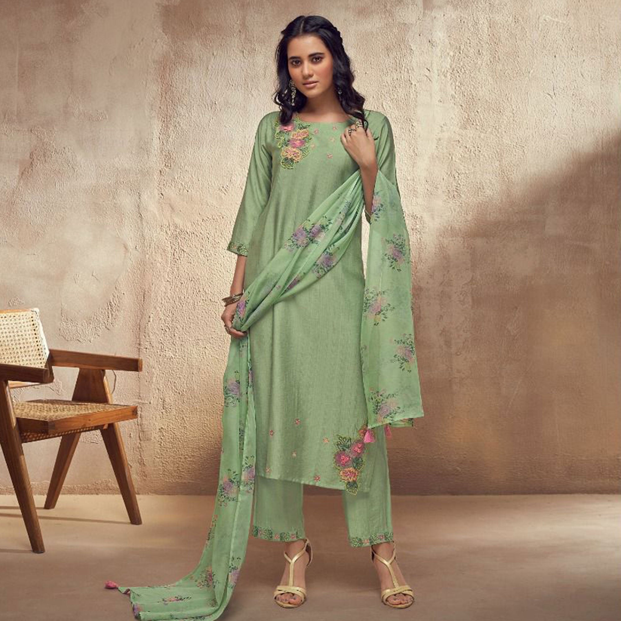 Green Floral Embroidered Viscose Suit