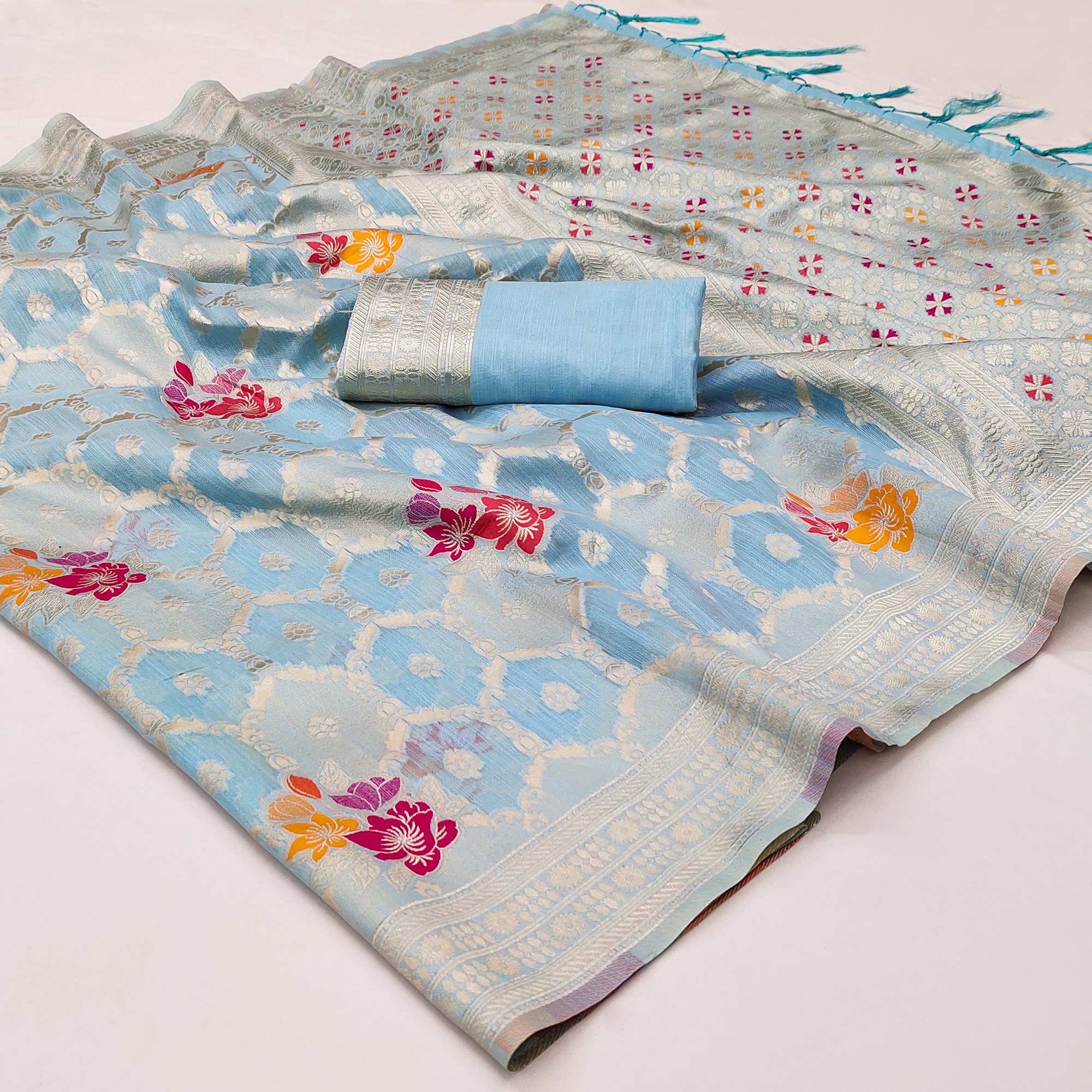 Blue Woven Jacquard Saree With Tassels