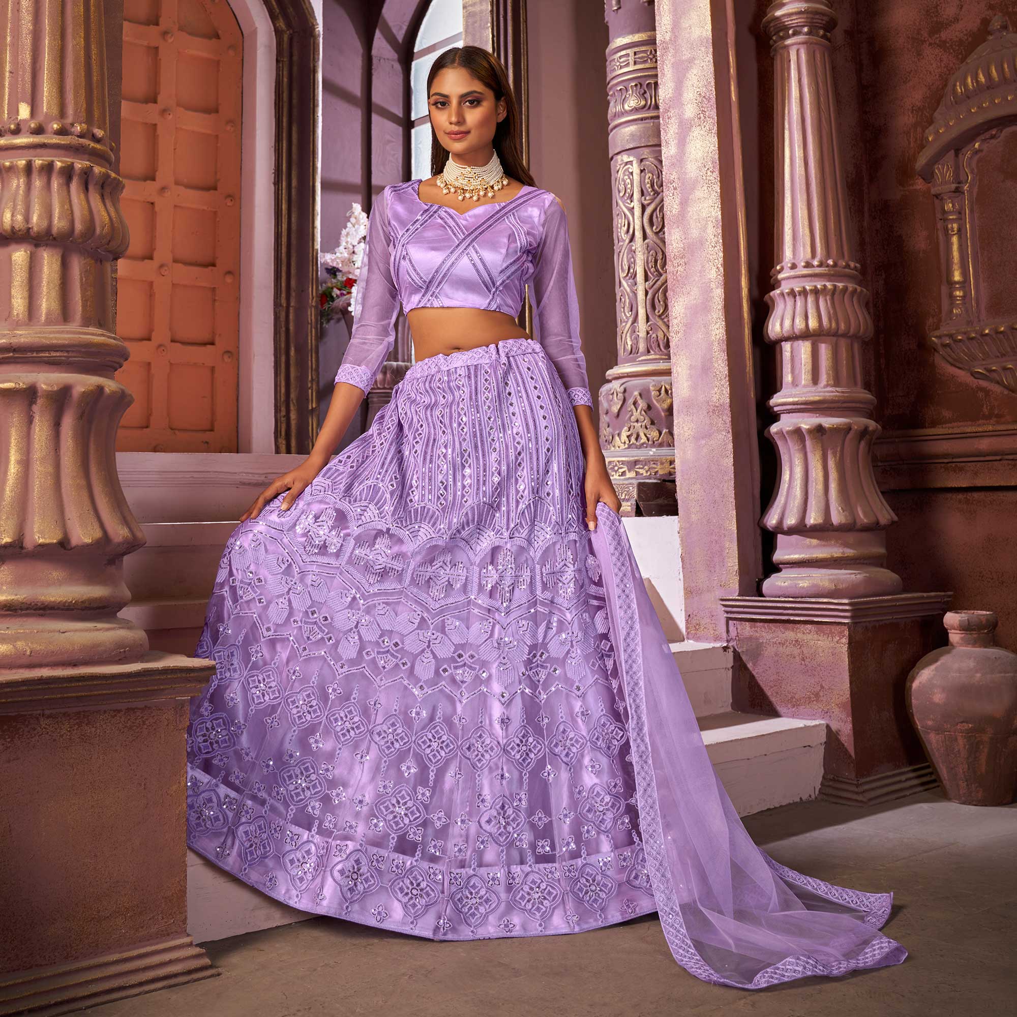 Violet Sequins Embroidered Netted Lehenga Choli - Image 5