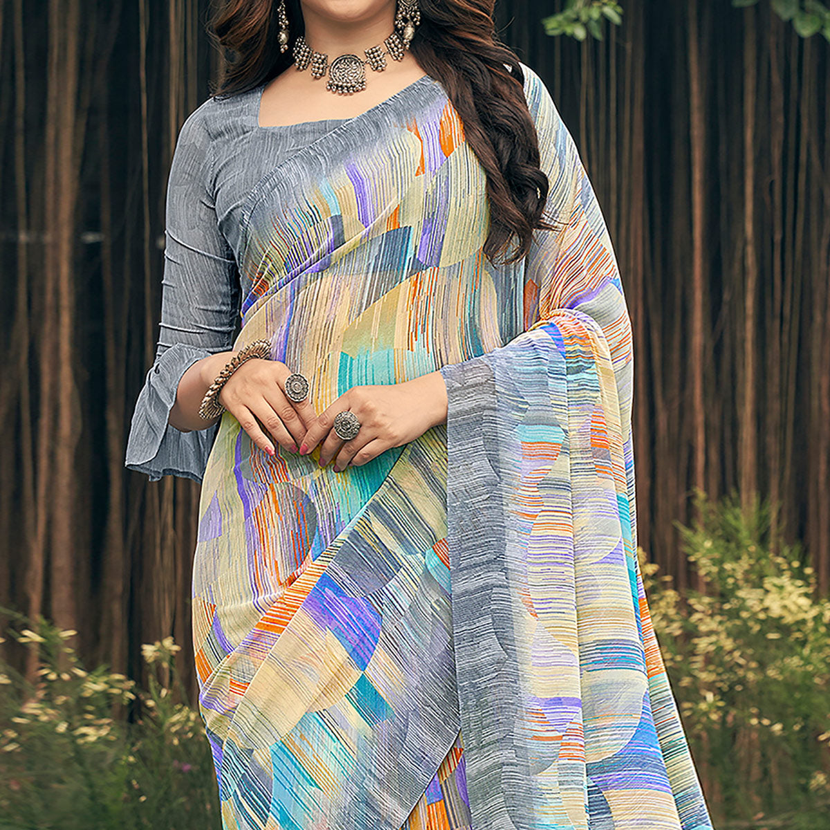 Grey Geometric Printed Georgette Saree