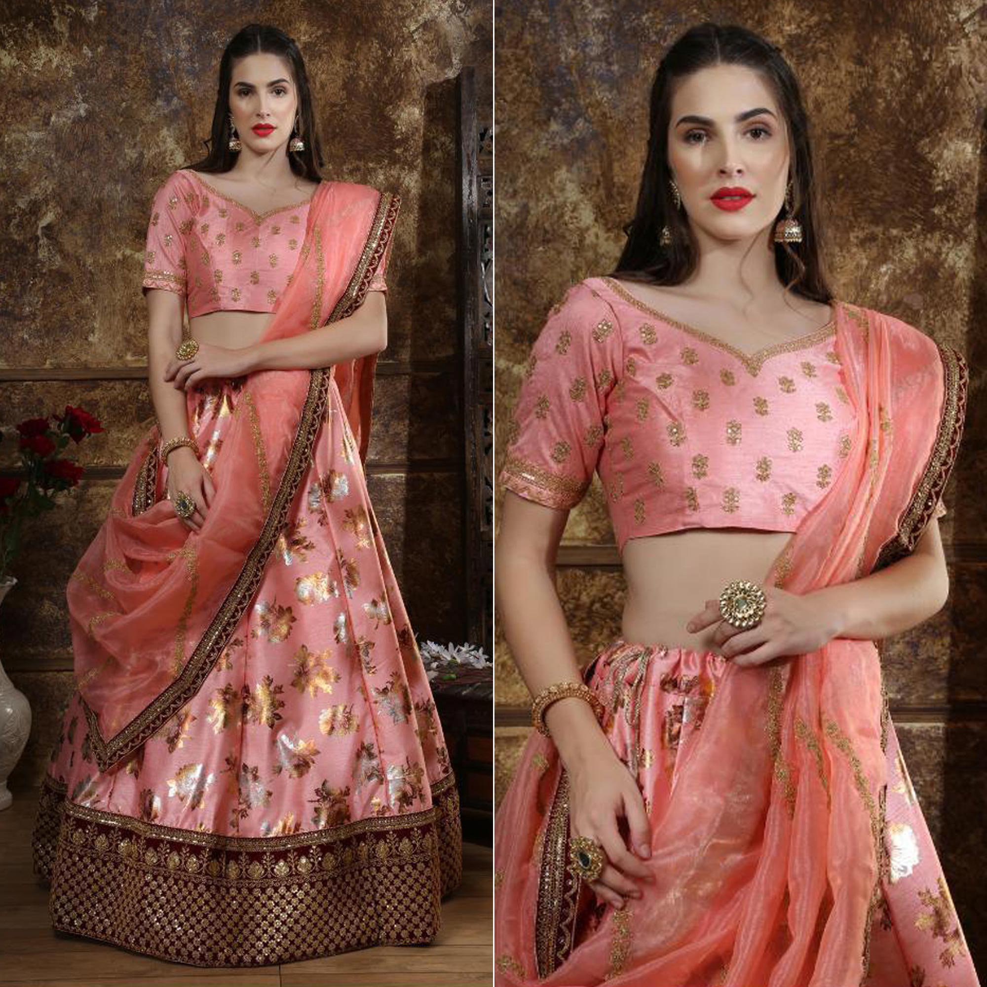 Peach Foil Printed Art Silk Lehenga Choli