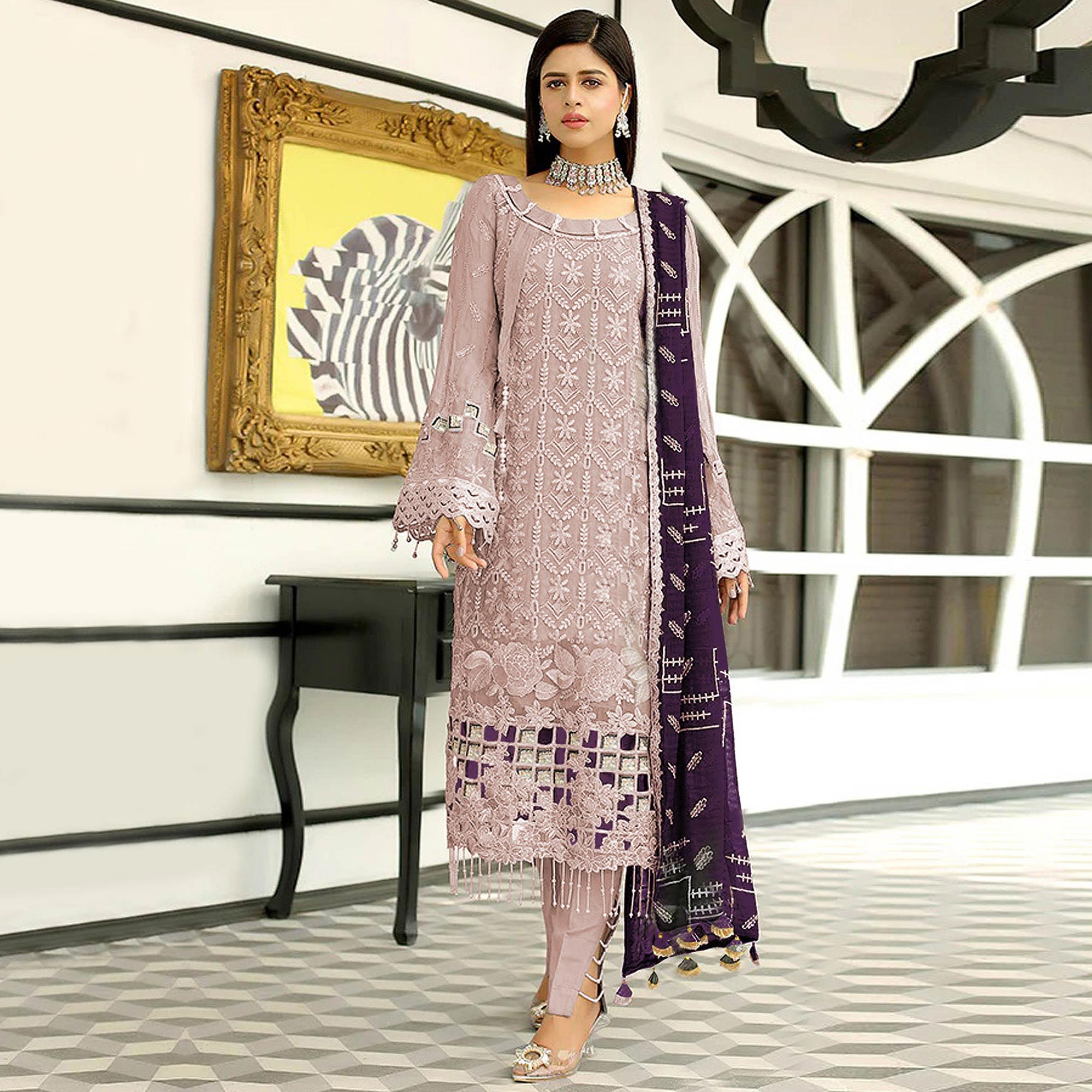 Mauve Floral Embroidered Georgette Pakistani Suit