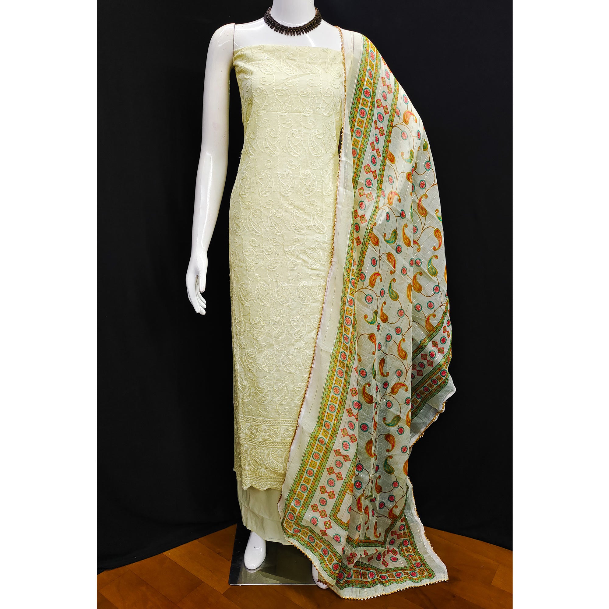 Light Yellow Embroidered Cotton Blend Dress Material