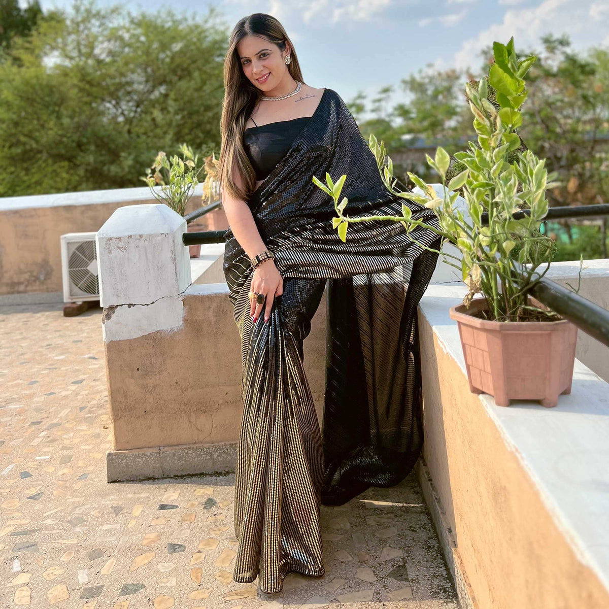 Black Sequins Embroidered Georgette Saree - Image 7