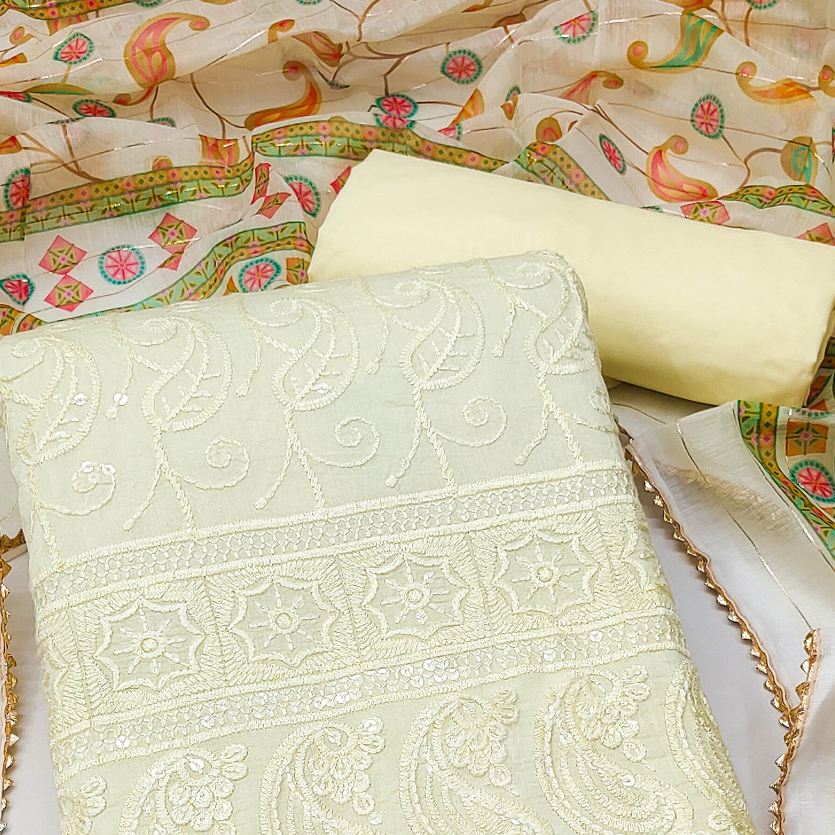 Light Yellow Embroidered Cotton Blend Dress Material