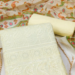 Light Yellow Embroidered Cotton Blend Dress Material