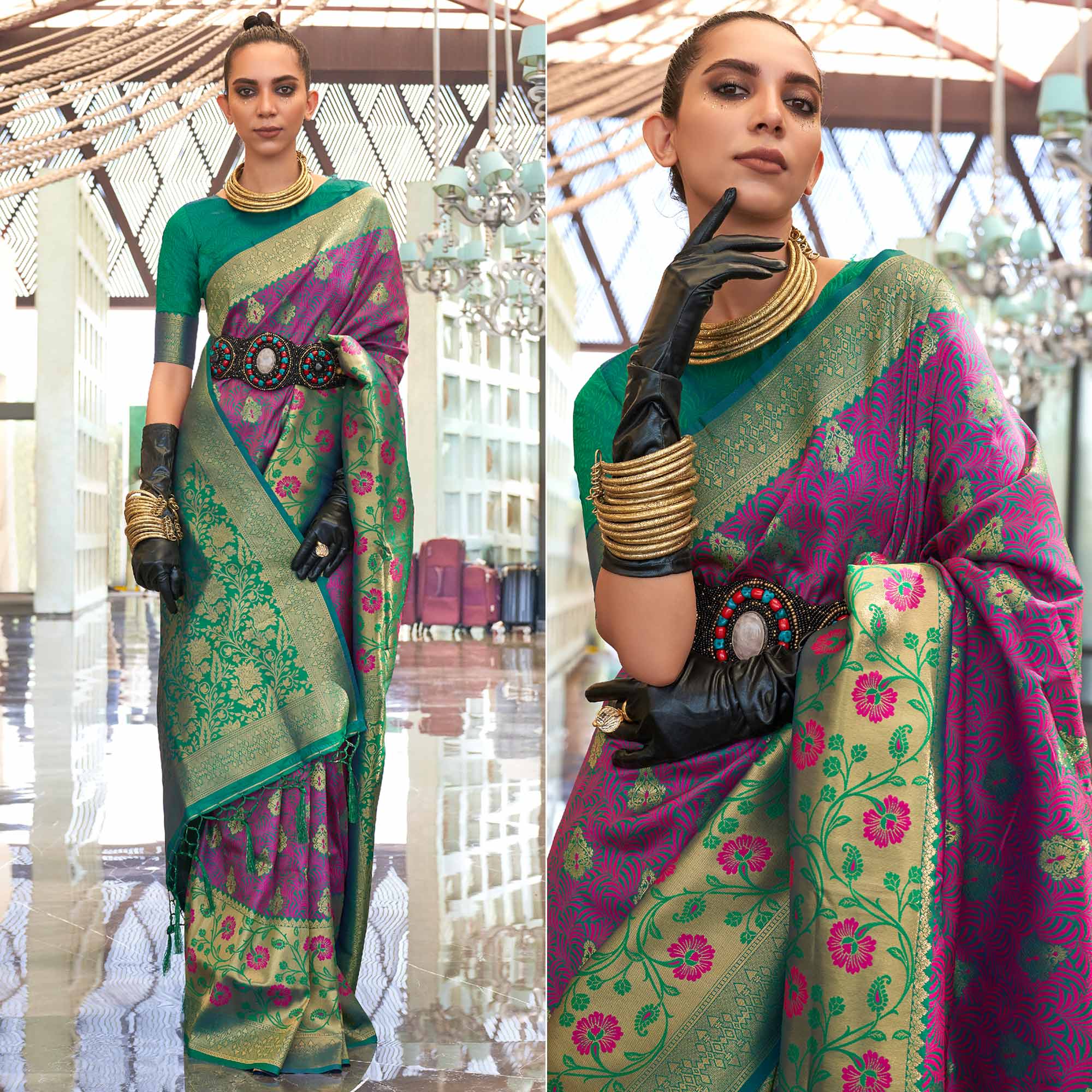 Purple Floral Woven Art Silk Saree With Tassels