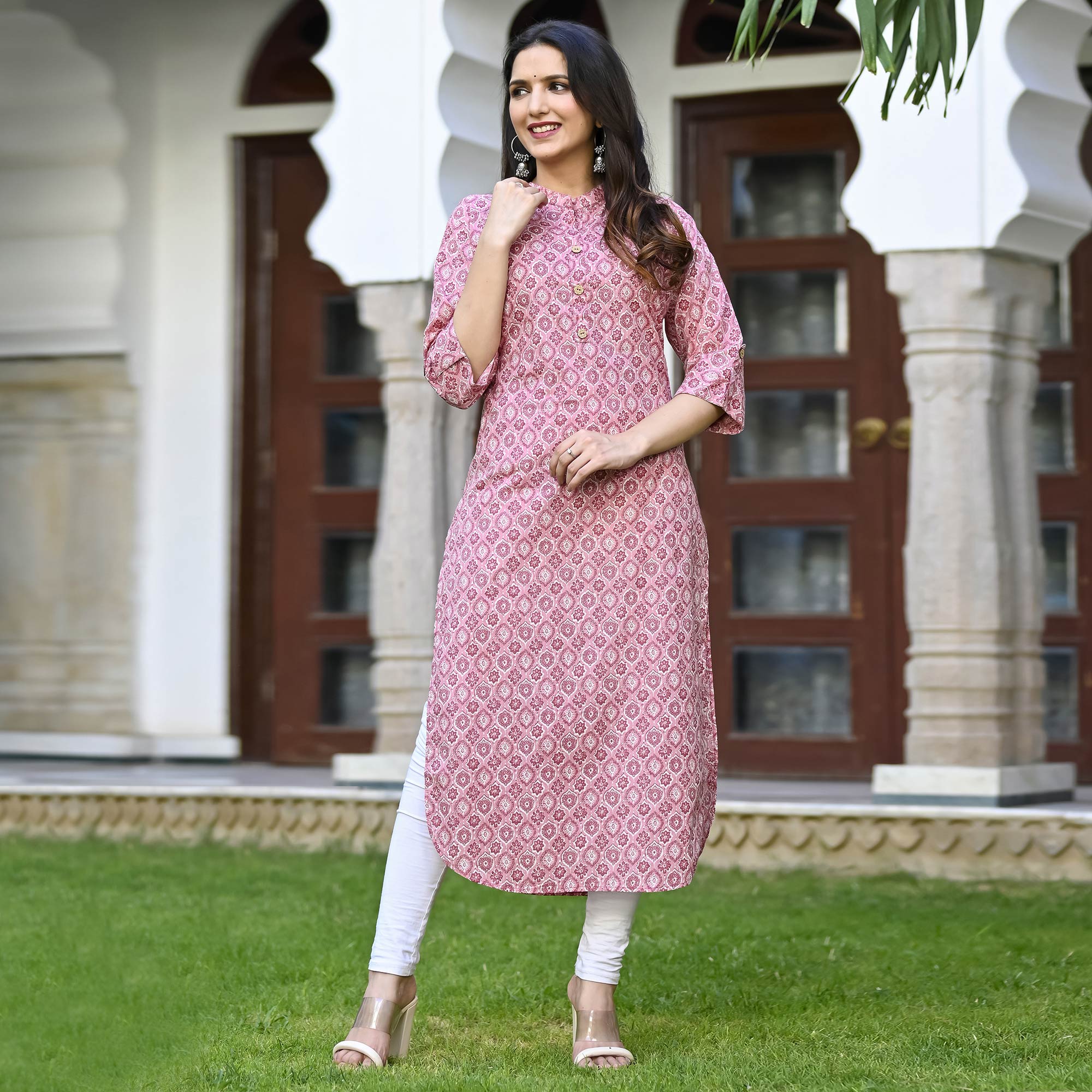 Pink Floral Printed Pure Cotton Kurti