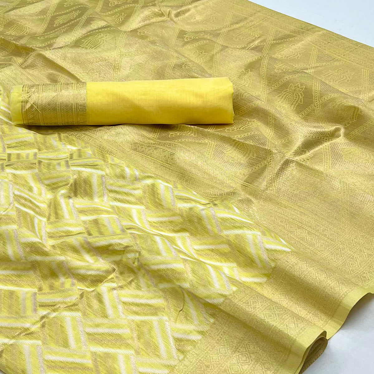 Lemon Yellow Woven Linen Saree