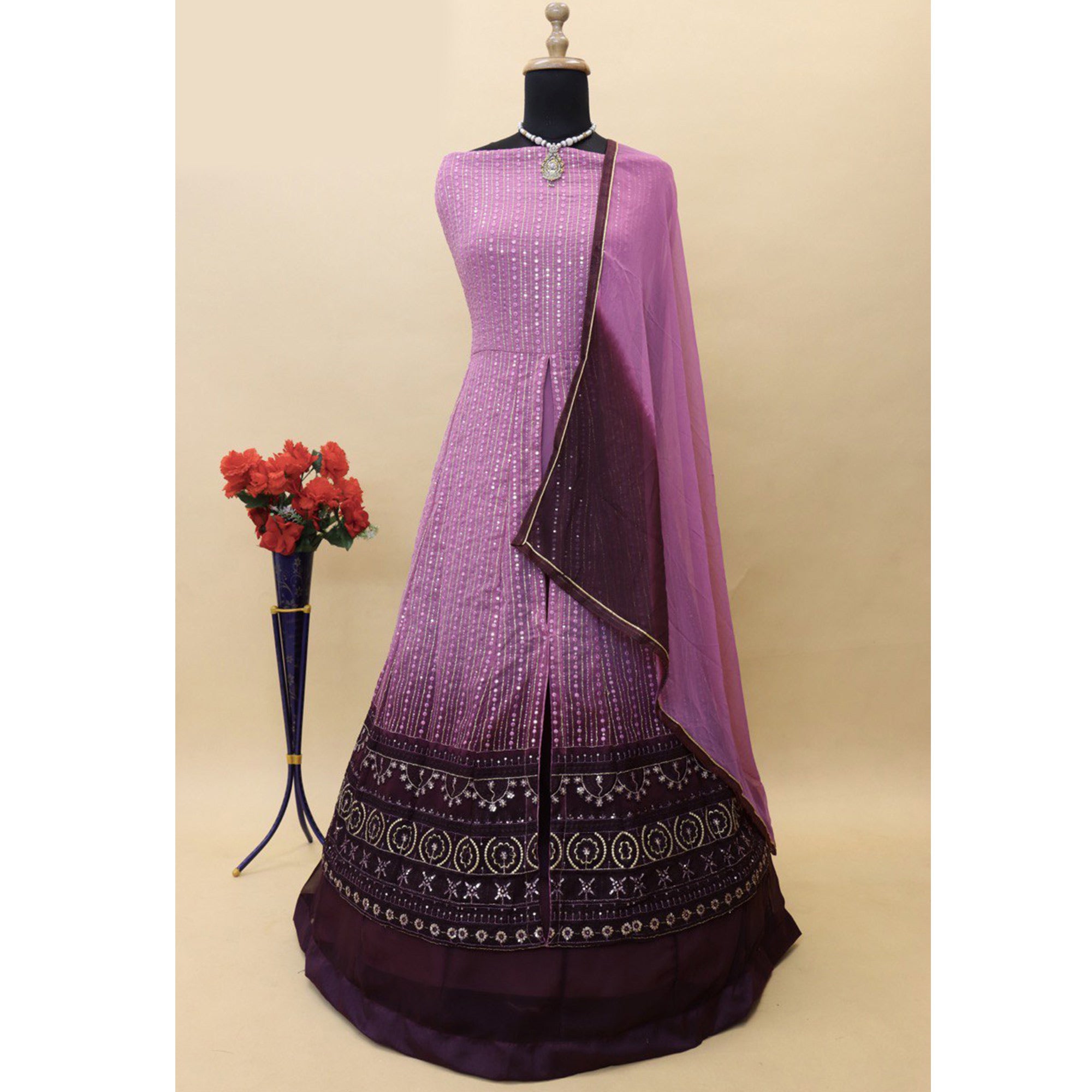 Purple Sequins Embroidered Georgette Front Slit Suit