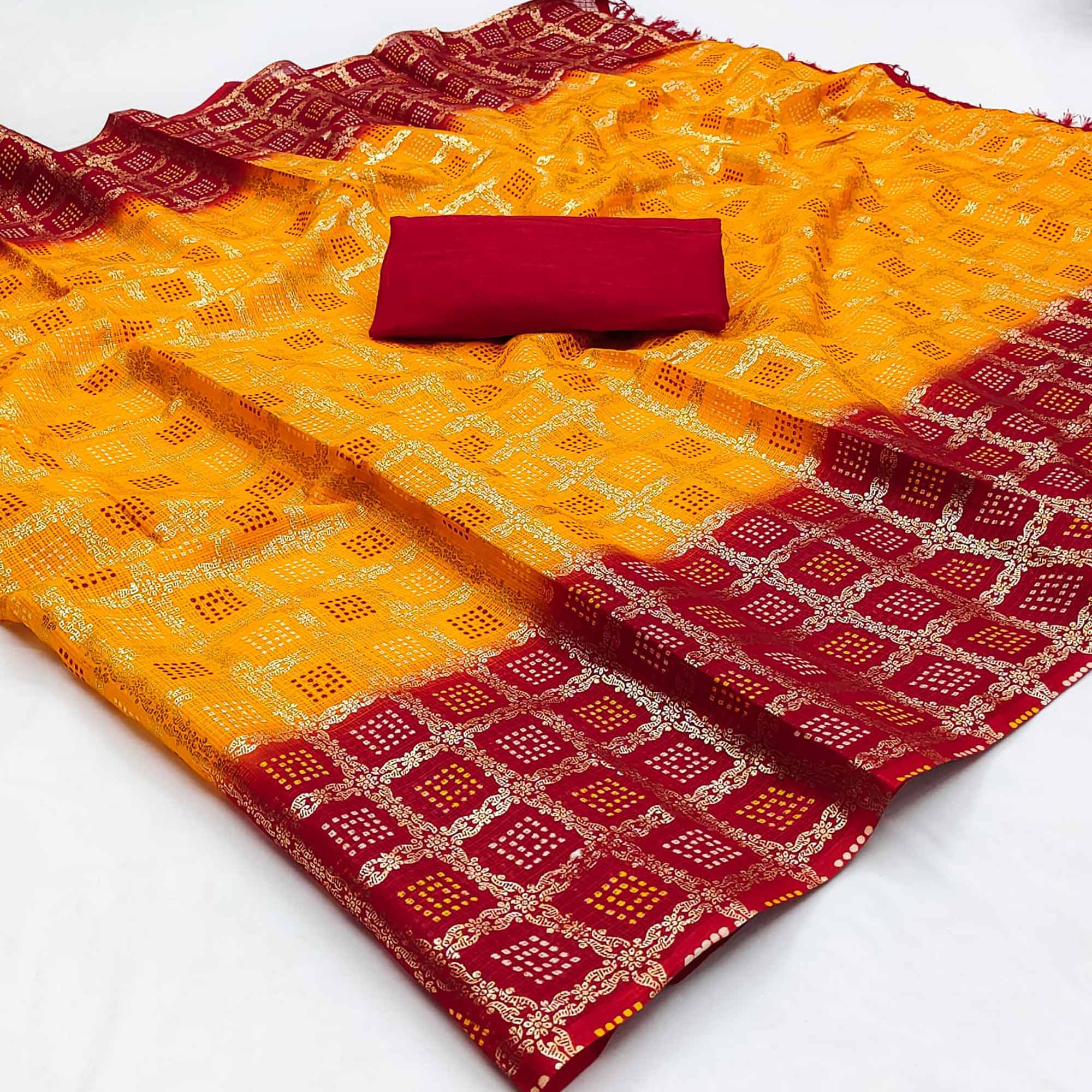 Yellow Foil Printed Kota Doria Saree