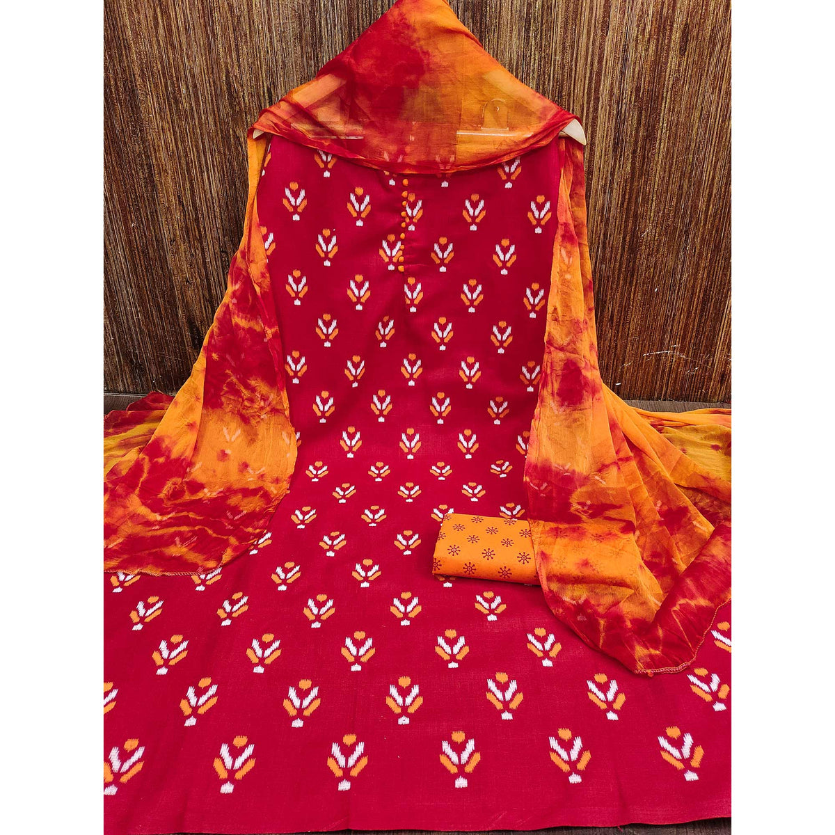 Red Ikkat Printed Cotton Blend Dress Material - Image 5
